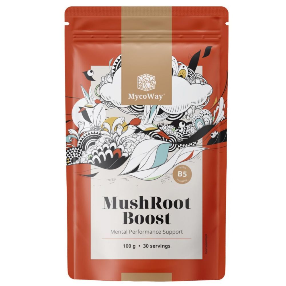 Beutel mit MycoWay MushRoot Boost. Aufdruck: Mental Performance Support. 100 g, 30 Portionen. Roter Hintergrund mit Illustrationen.