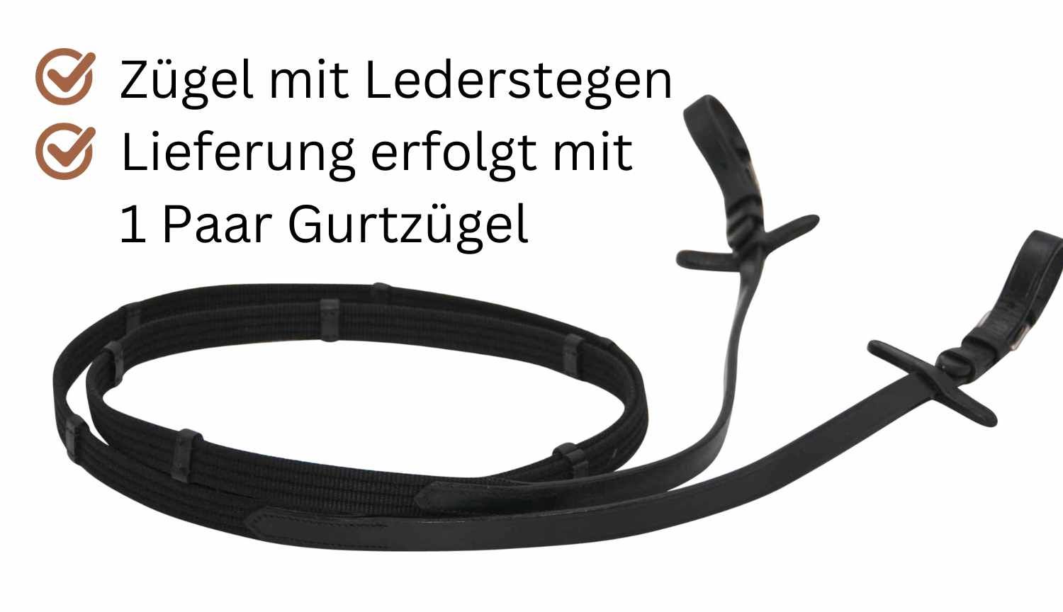 Schwarze Zügel mit Lederstegen. Lieferung mit einem Paar Gurtzügel.