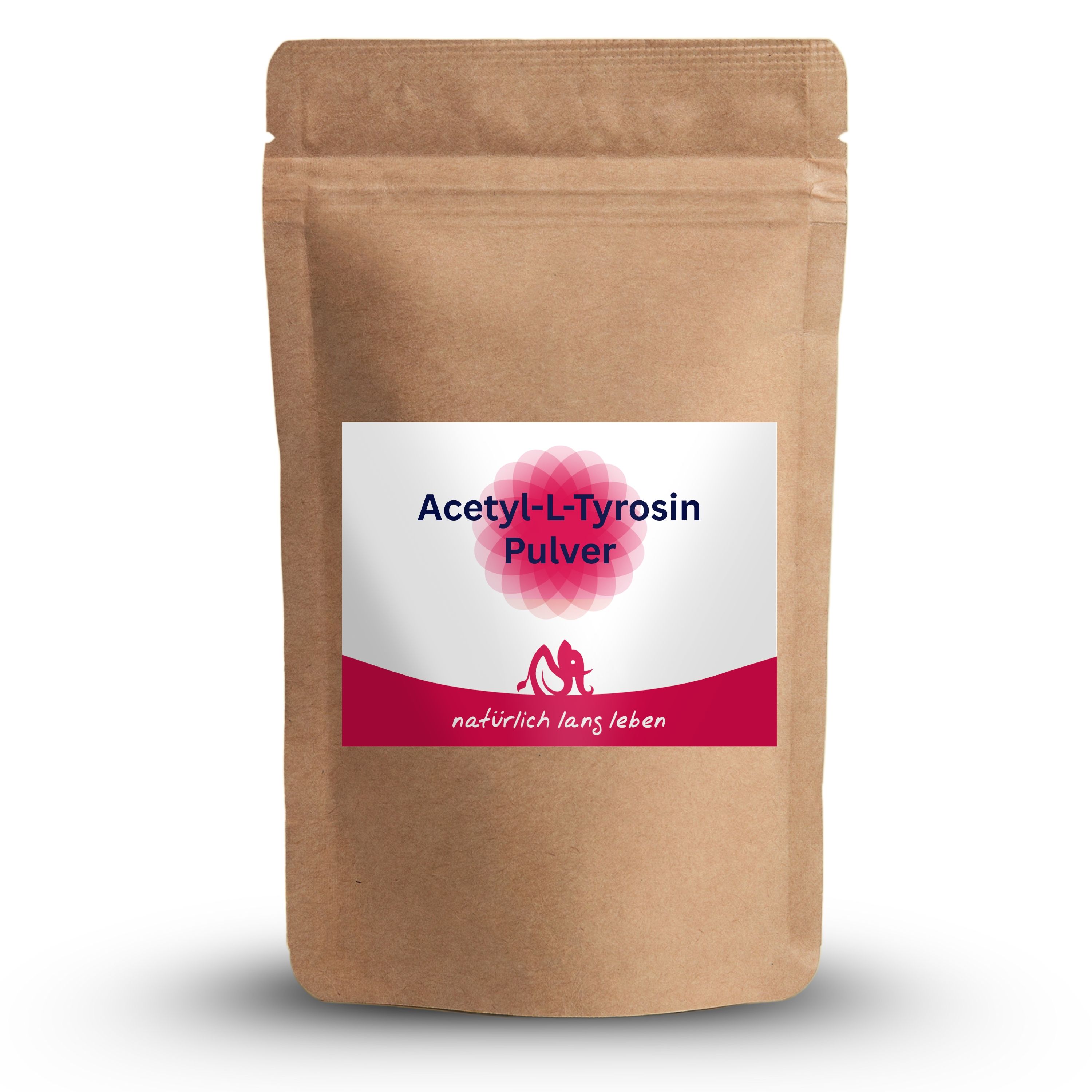 Braune Papiertüte mit Etikett: Acetyl-L-Tyrosin Pulver, natürlich lang leben.