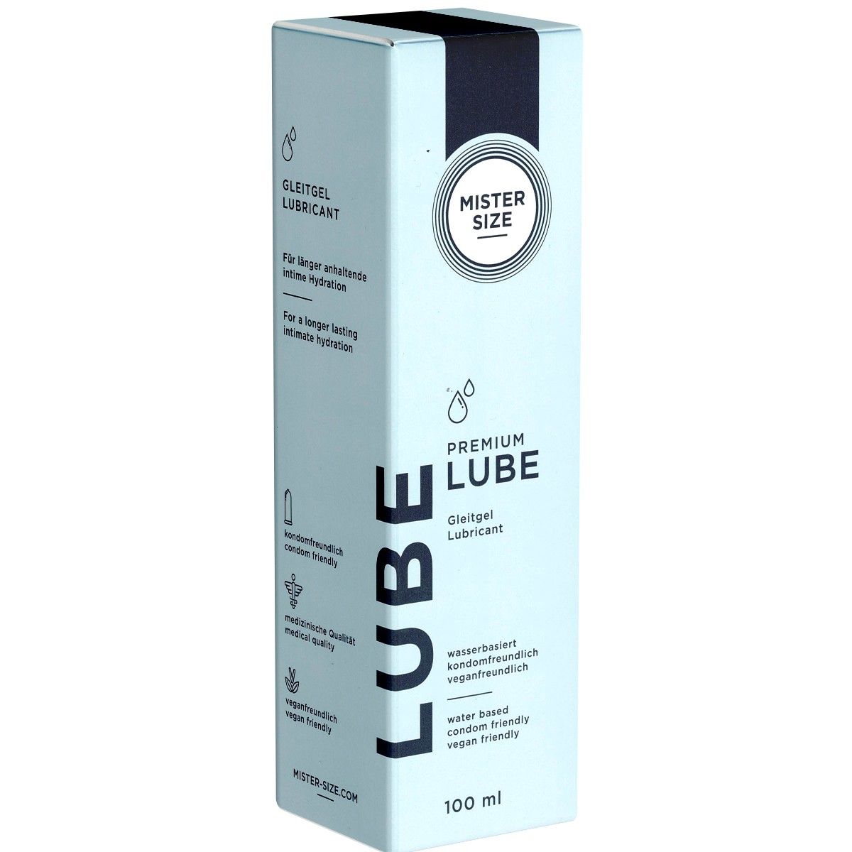 Hellblaue Schachtel mit schwarzem Streifen. Aufschrift: Mister Size Premium Lube. Text: Gleitgel, wasserbasiert, veganfreundlich, 100 ml.