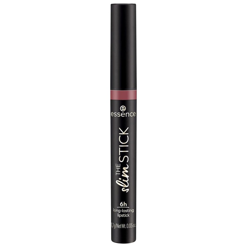 Essence The Slim Stick Lippenstift. Schwarze Hülse, rosafarbener Lippenstift. Aufschrift: 6h long-lasting lipstick.