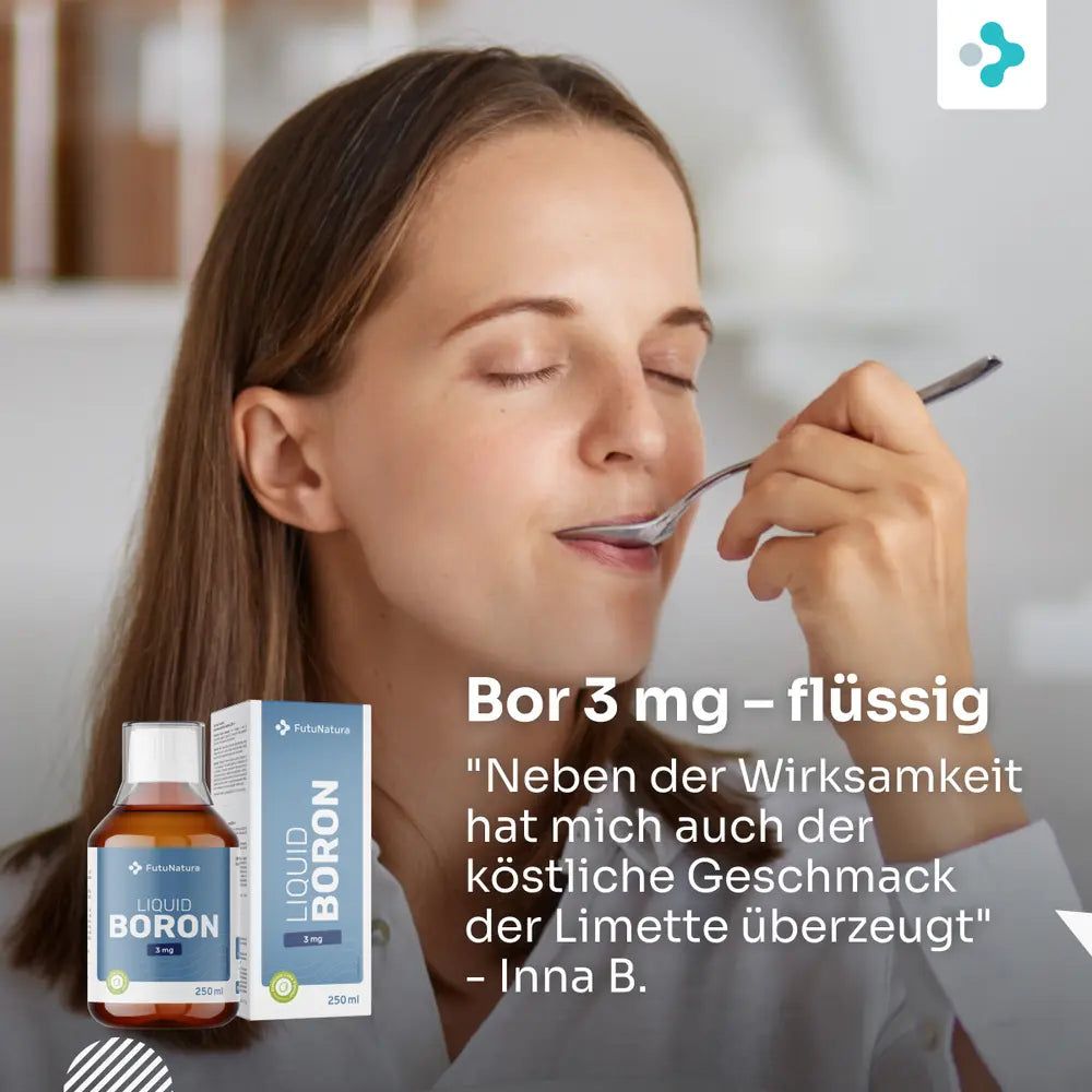 Frau isst mit einem Löffel. Flasche und Schachtel mit flüssigem Boron-Nahrungsergänzungsmittel.