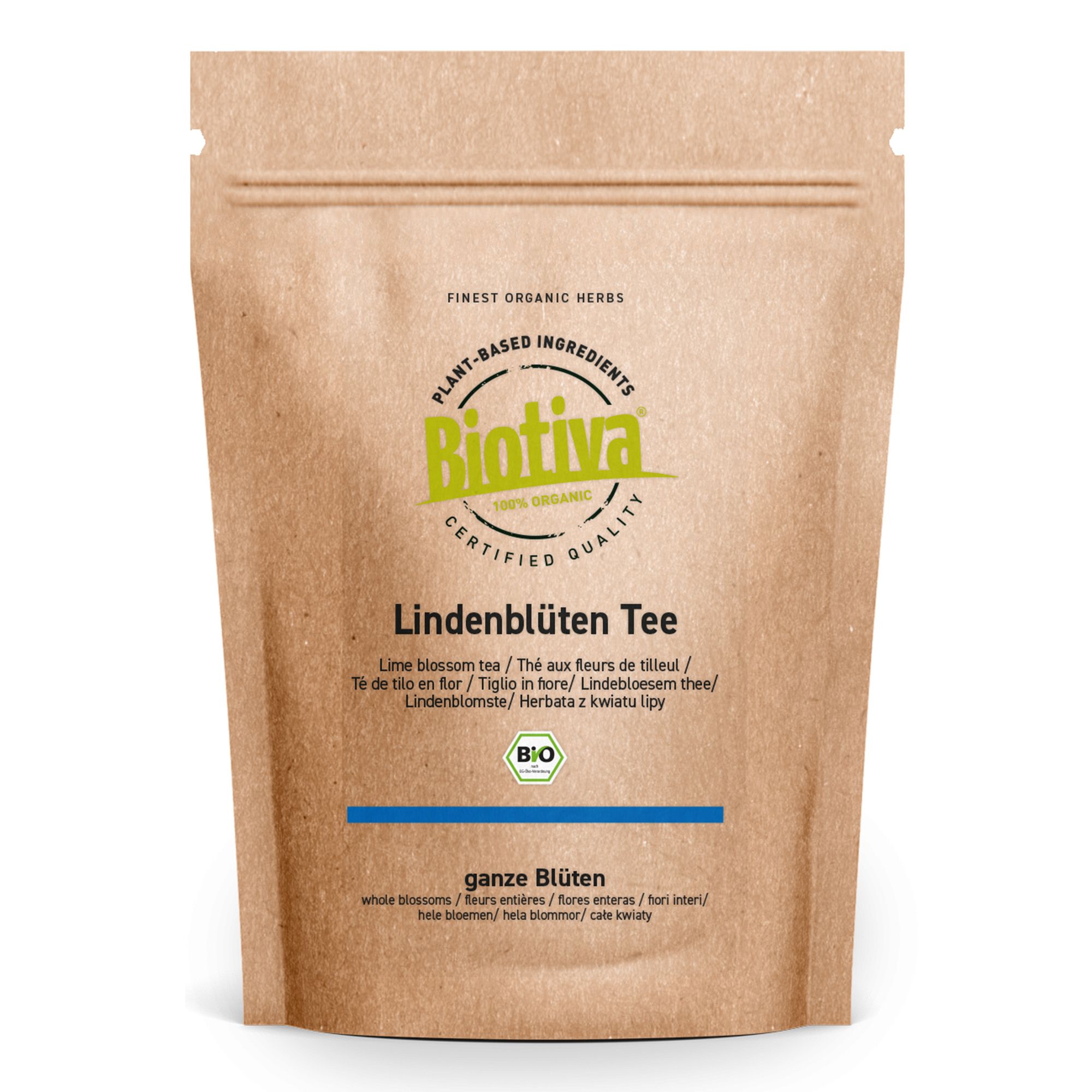 Beutel mit Lindenblüten Tee. Marke Biotiva, Bio-Zertifizierung. Braune Papierverpackung mit Reißverschluss.