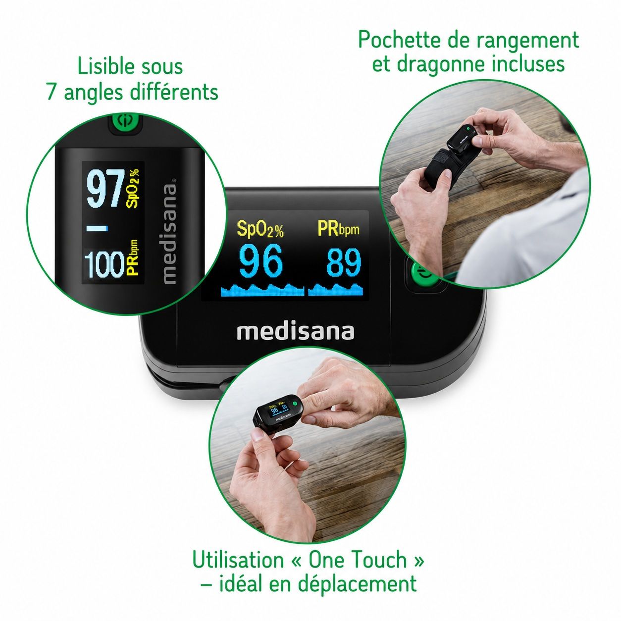 medisana Pulsoximeter: "One Touch" Bedienung, Tasche, "7 Winkel" Lesbarkeit.