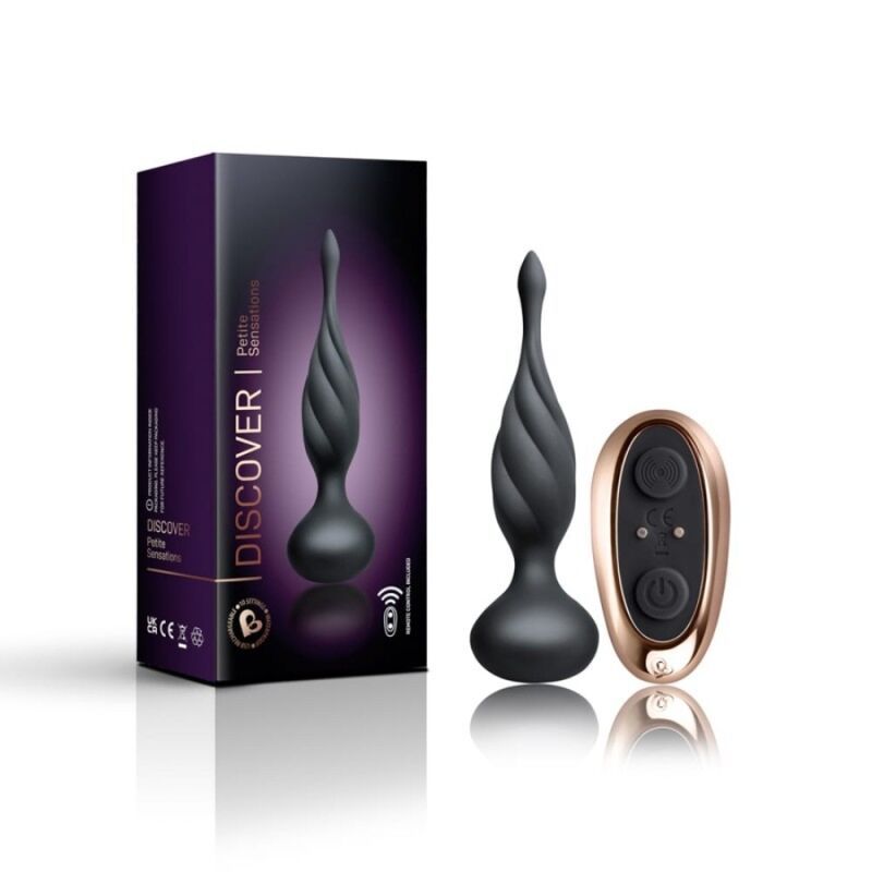 Analstimulationsgerät, Verpackung, Fernbedienung. Text: DISCOVER Petite Sensations.
