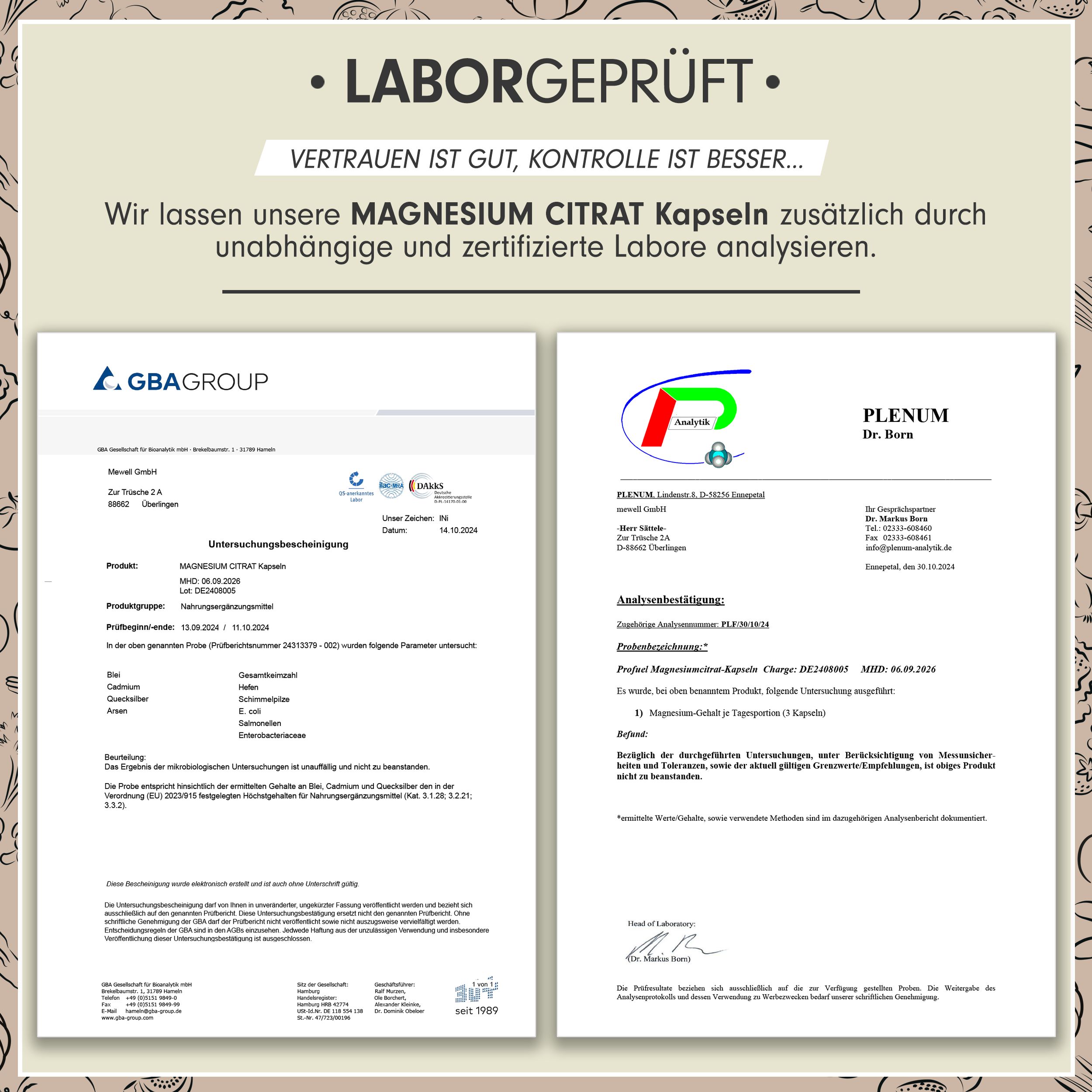 Zwei Laborzertifikate.  Die Zertifikate bestätigen die Analyse von Magnesium Citrat Kapseln durch unabhängige Labore.  