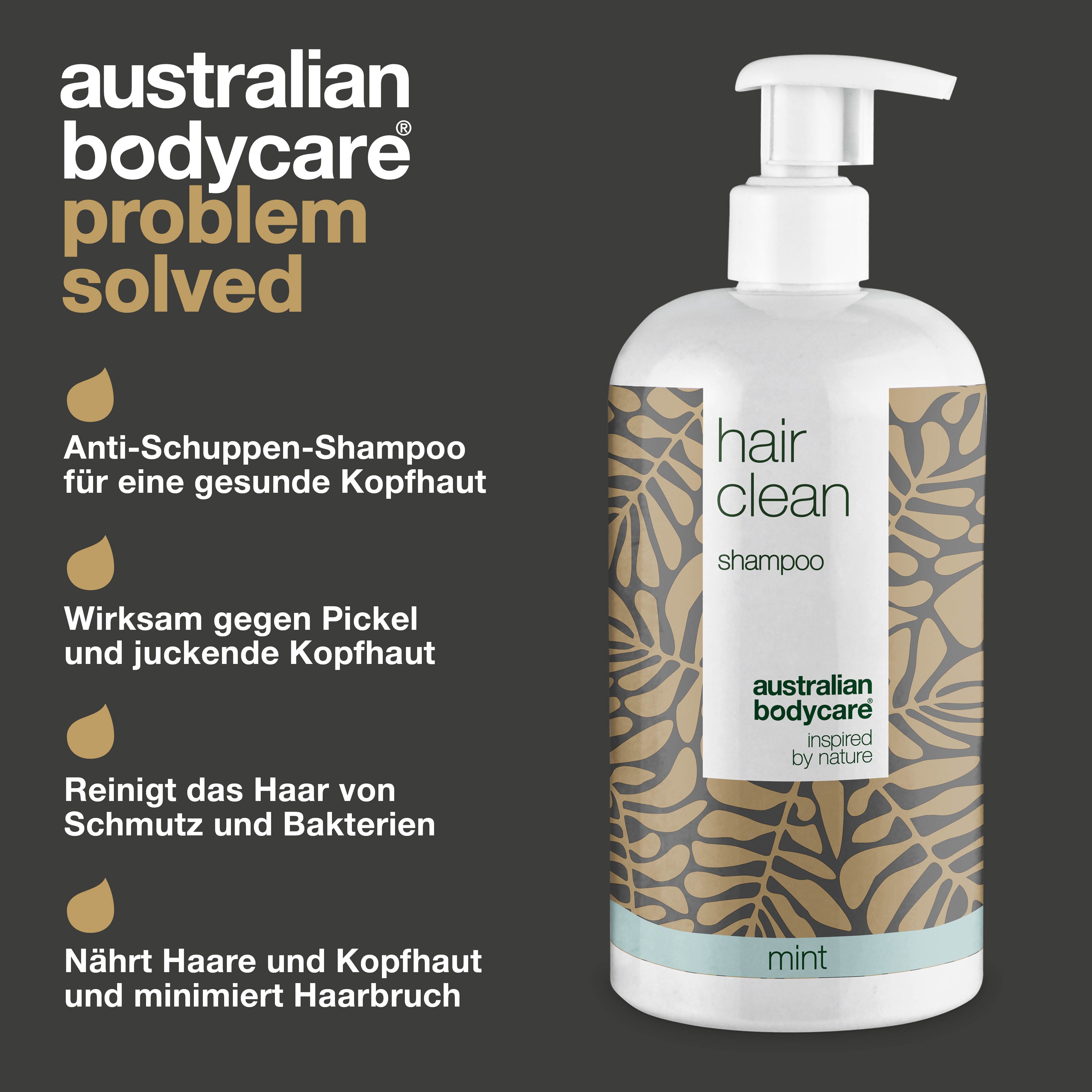 Shampoo-Flasche mit Aufschrift Hair Clean. Text: Getestet und von Dermatologen bestätigt. 100% recycelbar.