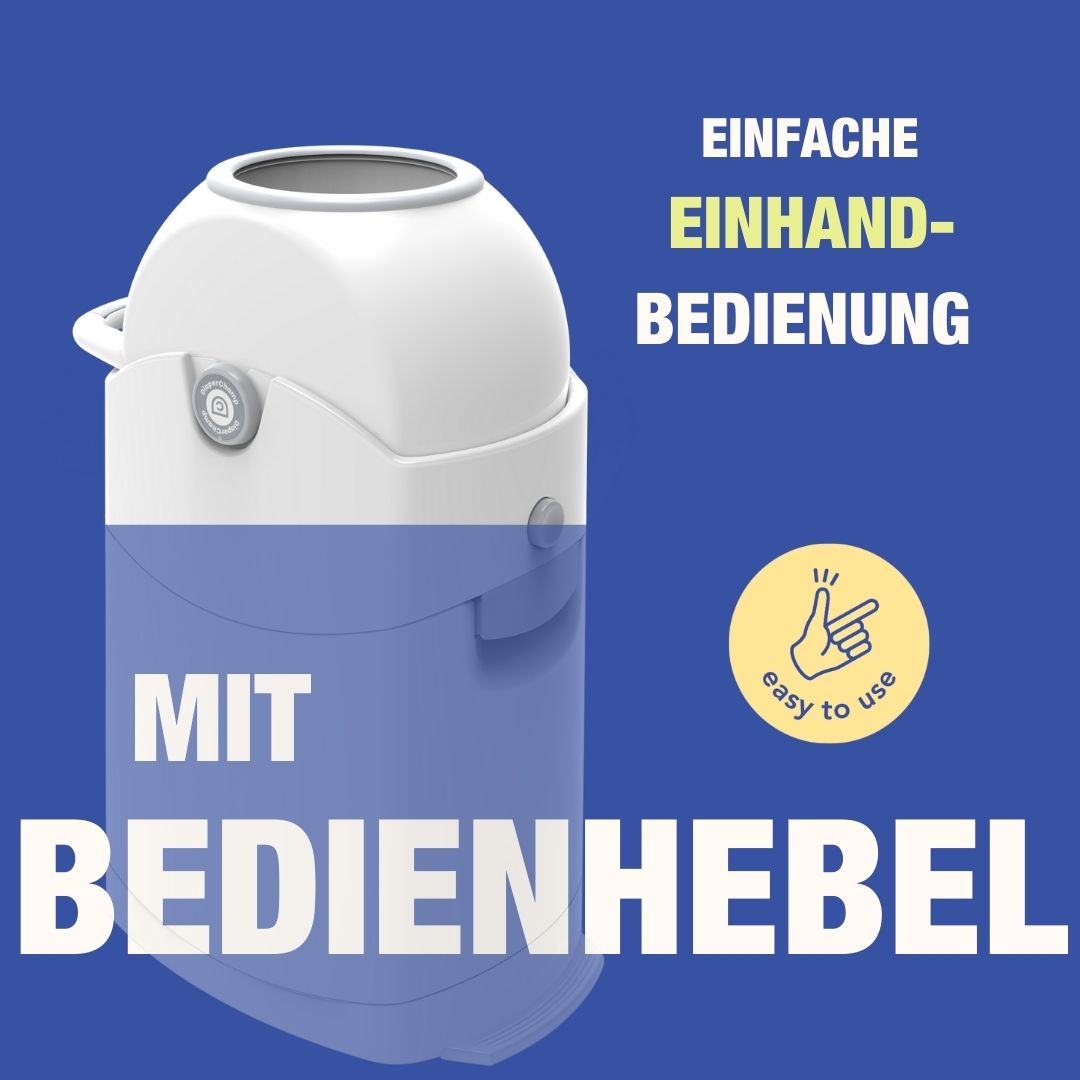 Weißer Windeleimer mit Deckel. Text: EINFACHE EINHAND-BEDIENUNG, MIT BEDIENHEBEL, easy to use. Logo Diaper Champ.