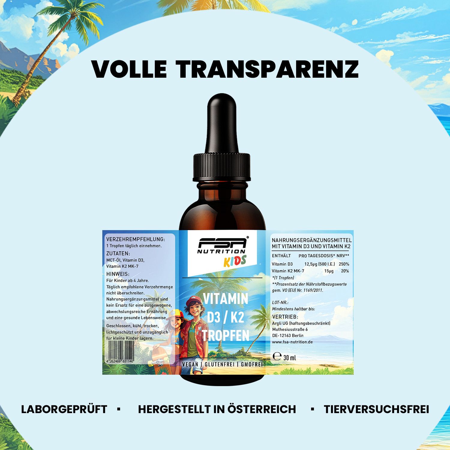 Braune Flasche mit Tropfer. Aufschrift: FSA NUTRITION KIDS Vitamin D3 / K2 Tropfen. Vollständige Transparenz. Laborgeprüft, hergestellt in Österreich.