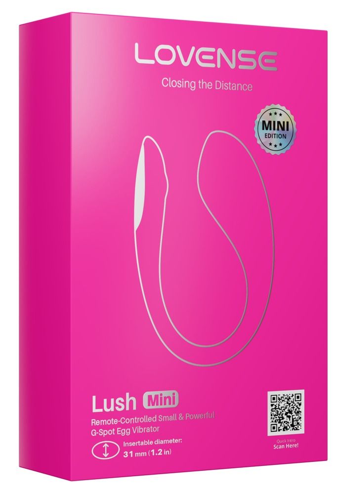 Rosa Verpackung mit Produktabbildung. Aufschrift: LOVENSE, Lush Mini, Mini Edition. Produktname und Durchmesserangabe.