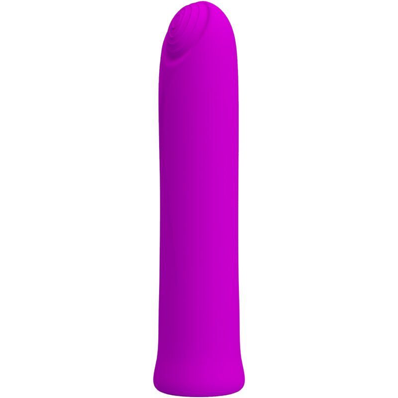 Lila Vibrator mit gerader Form und abgeschrägter Spitze. Glatte Oberfläche.