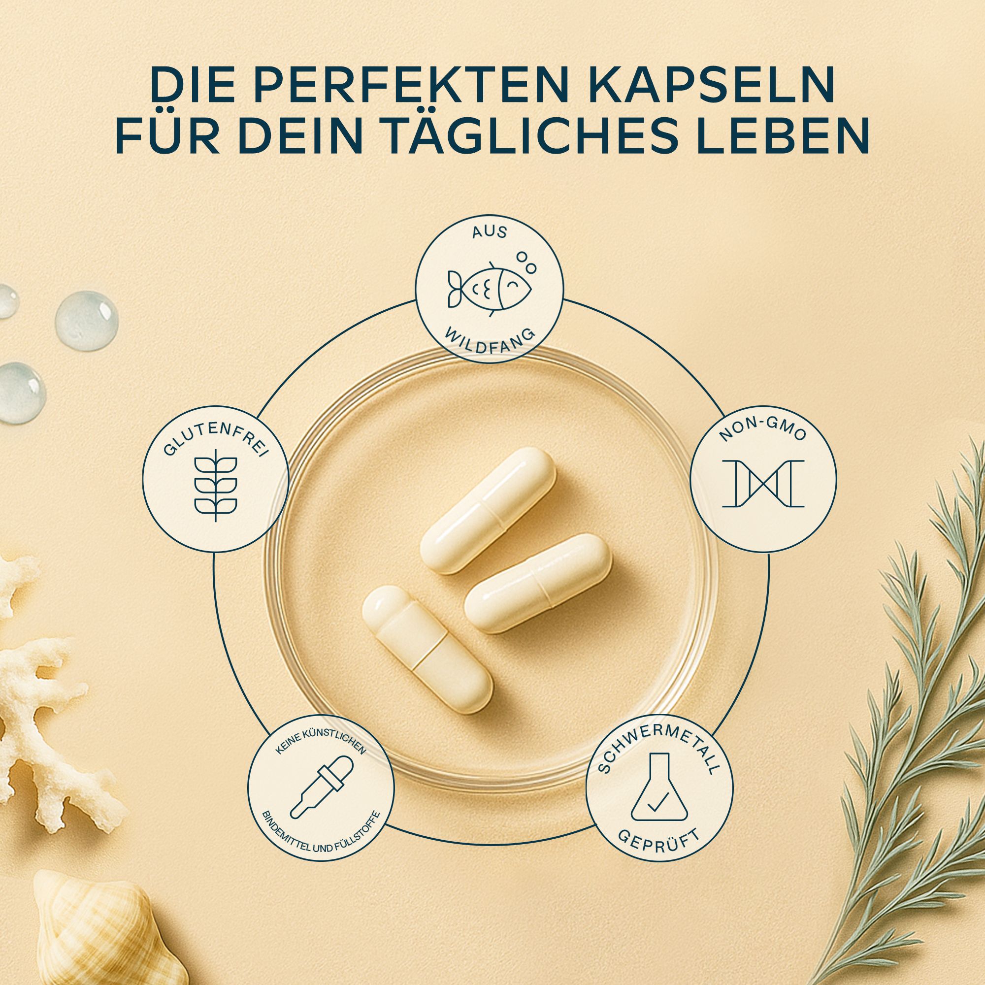 Drei Kapseln auf einem Teller. Symbole für glutenfrei, wild gefangen, keine Konservierungsstoffe, ohne GVO und Schwermetallgeprüft.