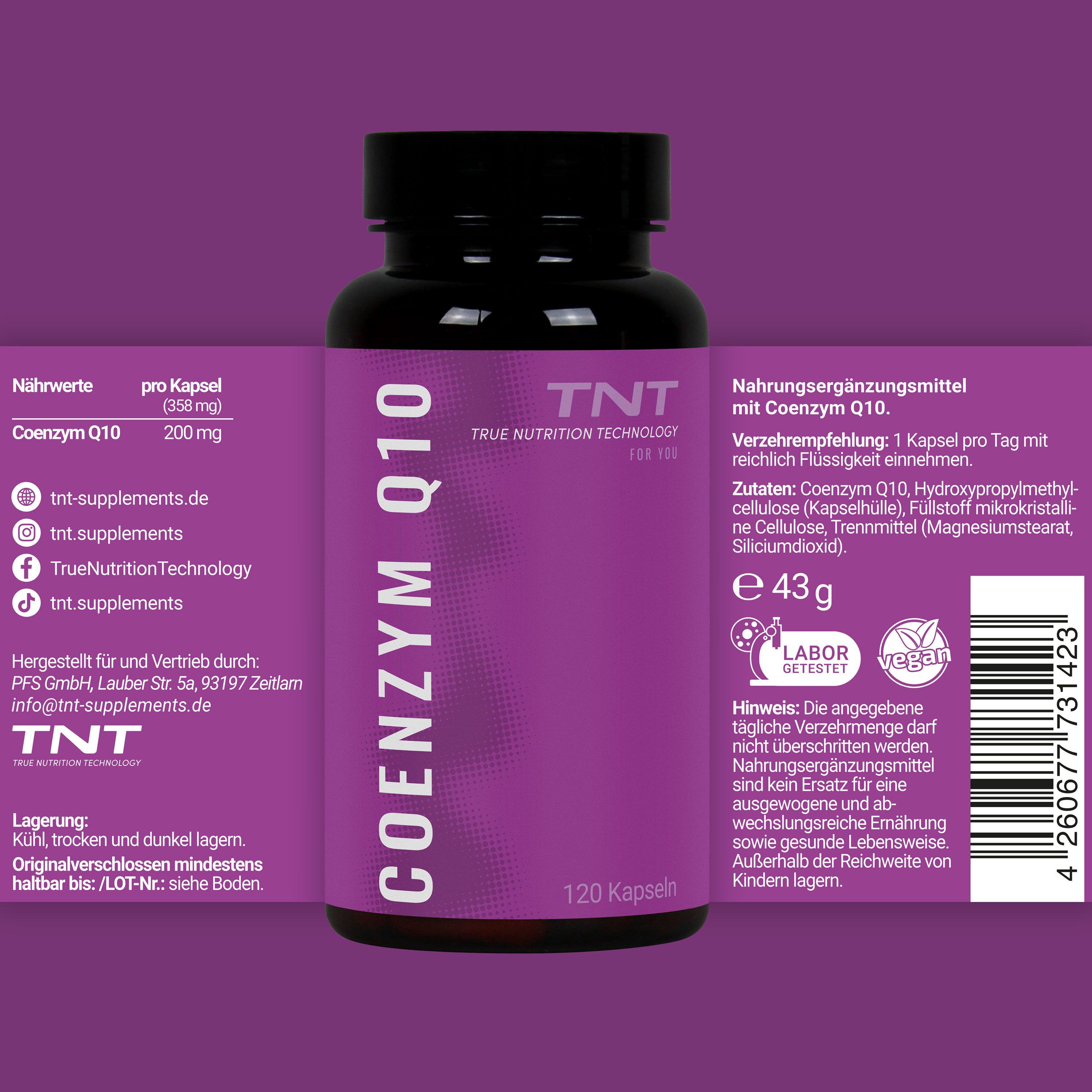 Produktflasche mit Etikett. Text: COENZYM Q10, TNT. Aufschrift: 120 Kapseln. Informationen zu Inhaltsstoffen und Lagerung.