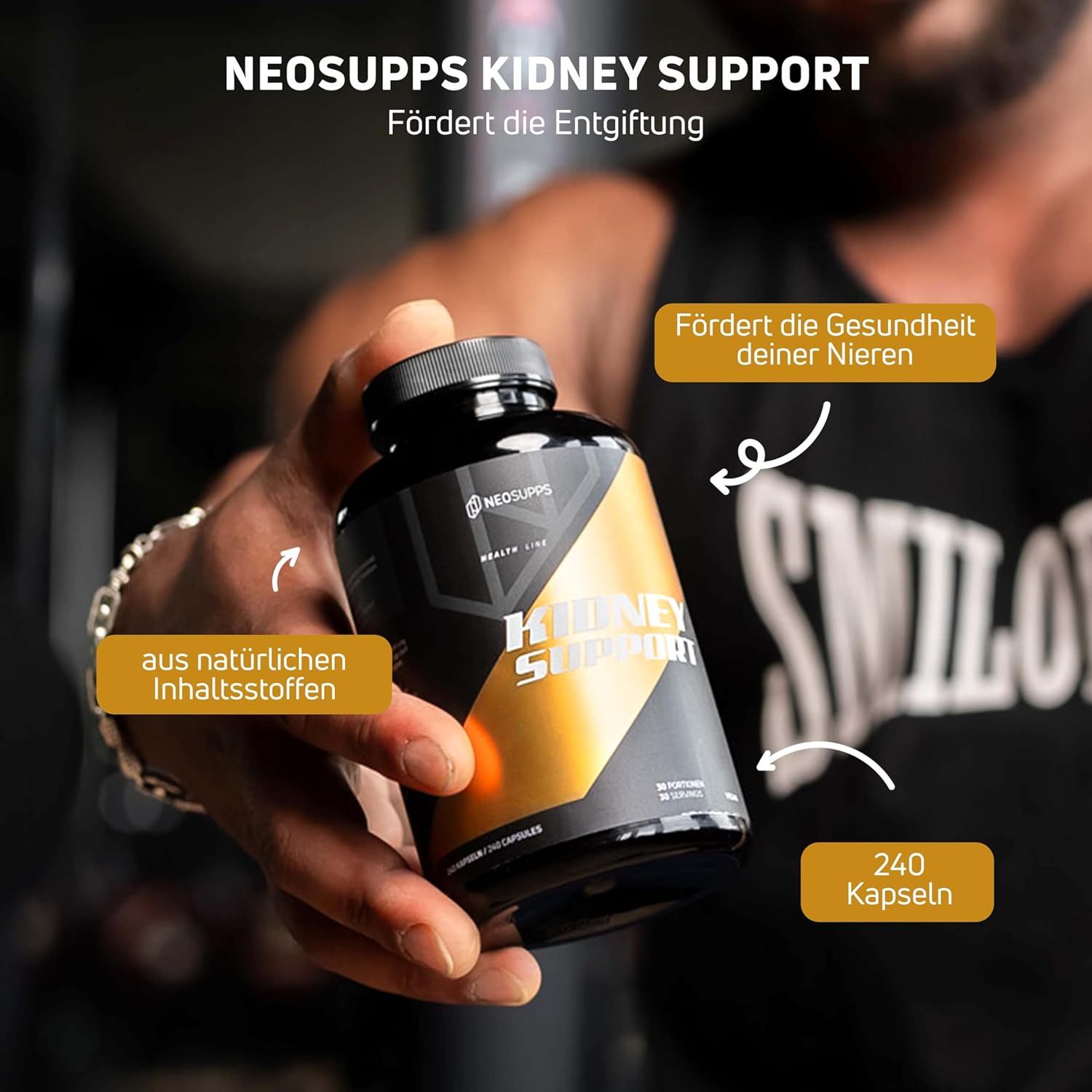 Schwarze Flasche mit gelbem Etikett. Aufschrift: Kidney Support, Neosupps. 240 Kapseln. Aus natürlichen Inhaltsstoffen. Fördert die Gesundheit der Nieren.