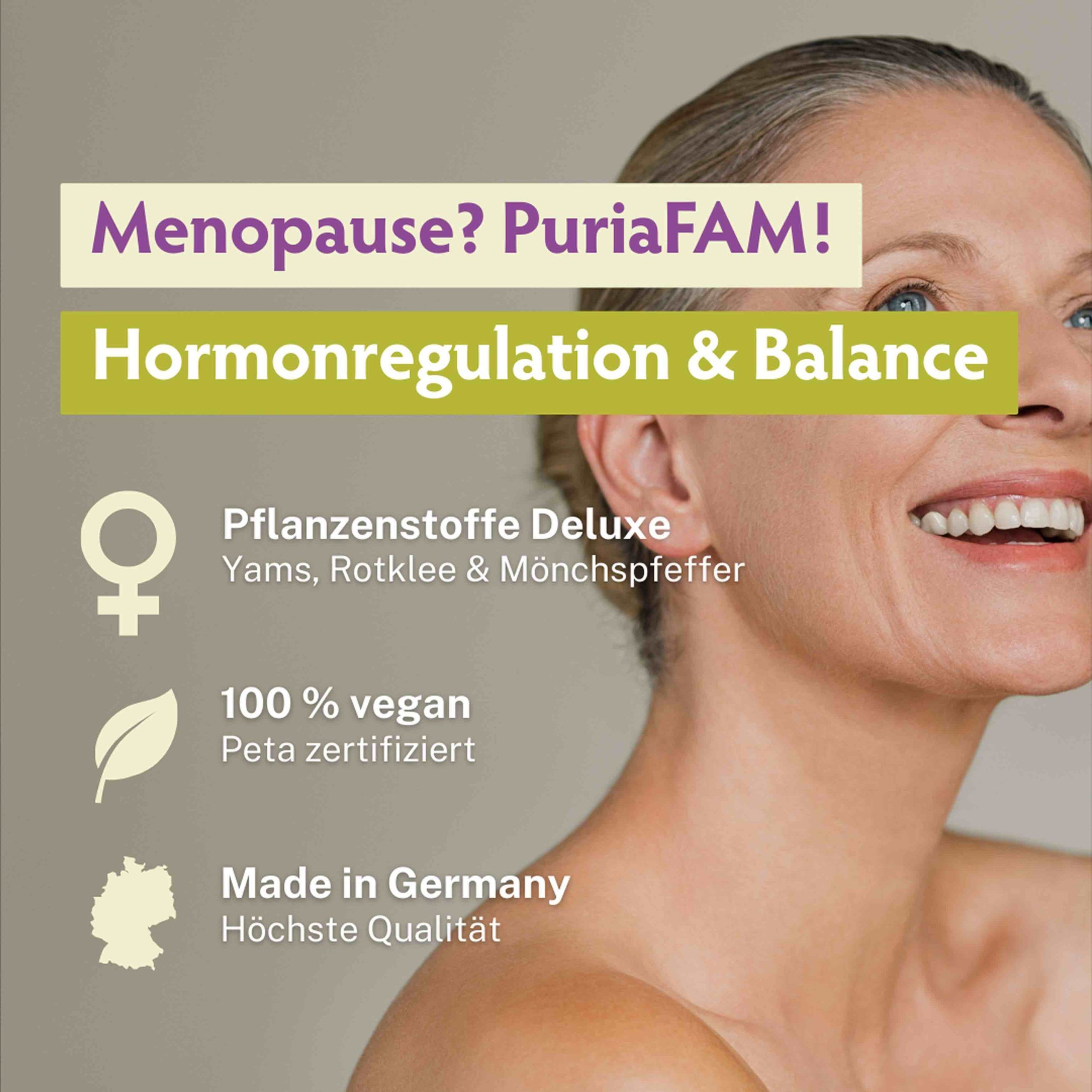Frau lächelt. Text: Menopause? PuriaFAM! Hormonregulation & Balance. Vegan. Peta zertifiziert. Made in Germany.