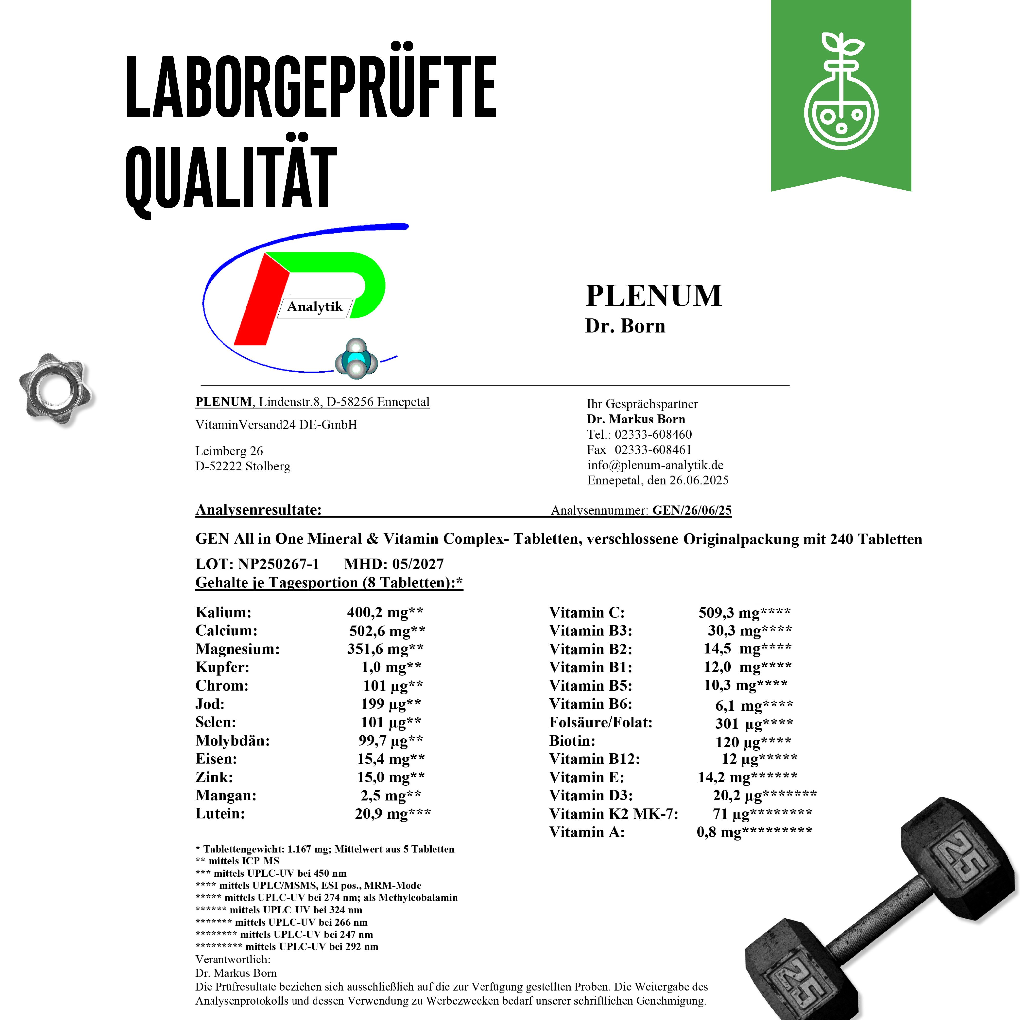 Laborgeprüfte Qualität von GEN ALL IN ONE. Analyseergebnisse, Inhaltsstoffe, Chargennummer, MHD. Originalverpackung.