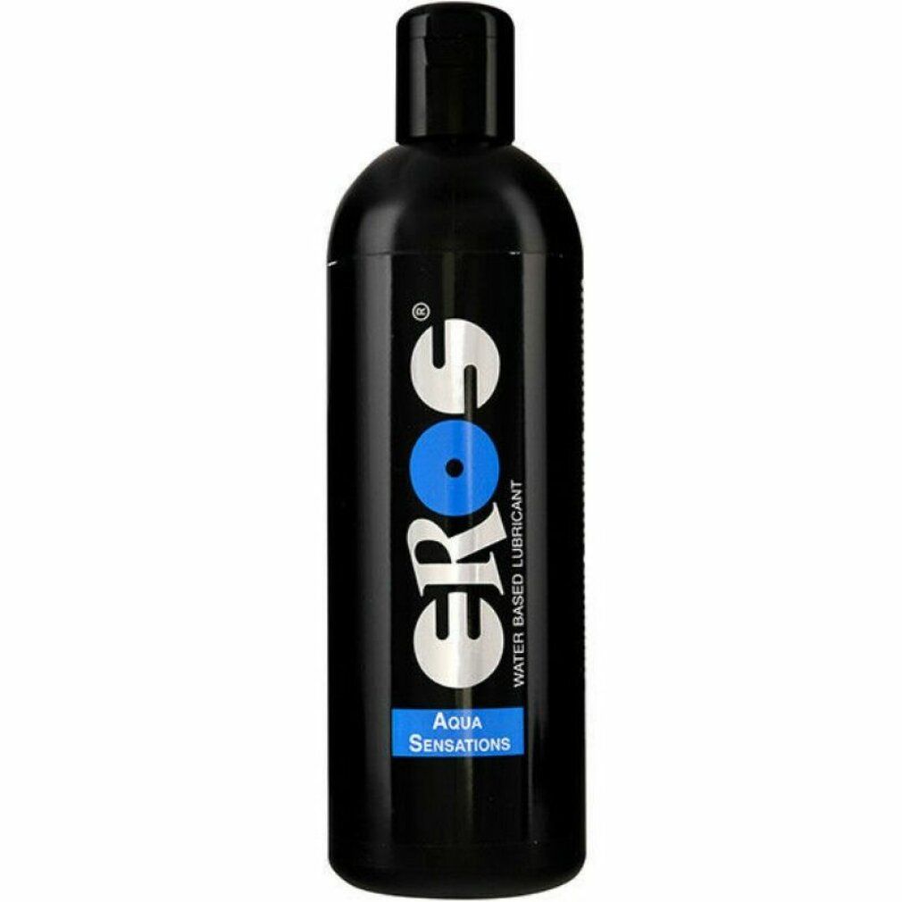 Schwarze Flasche mit weißem "Eros"-Logo und blauem Kreis. "Aqua Sensations" und "Water Based Lubricant" sind ebenfalls sichtbar.