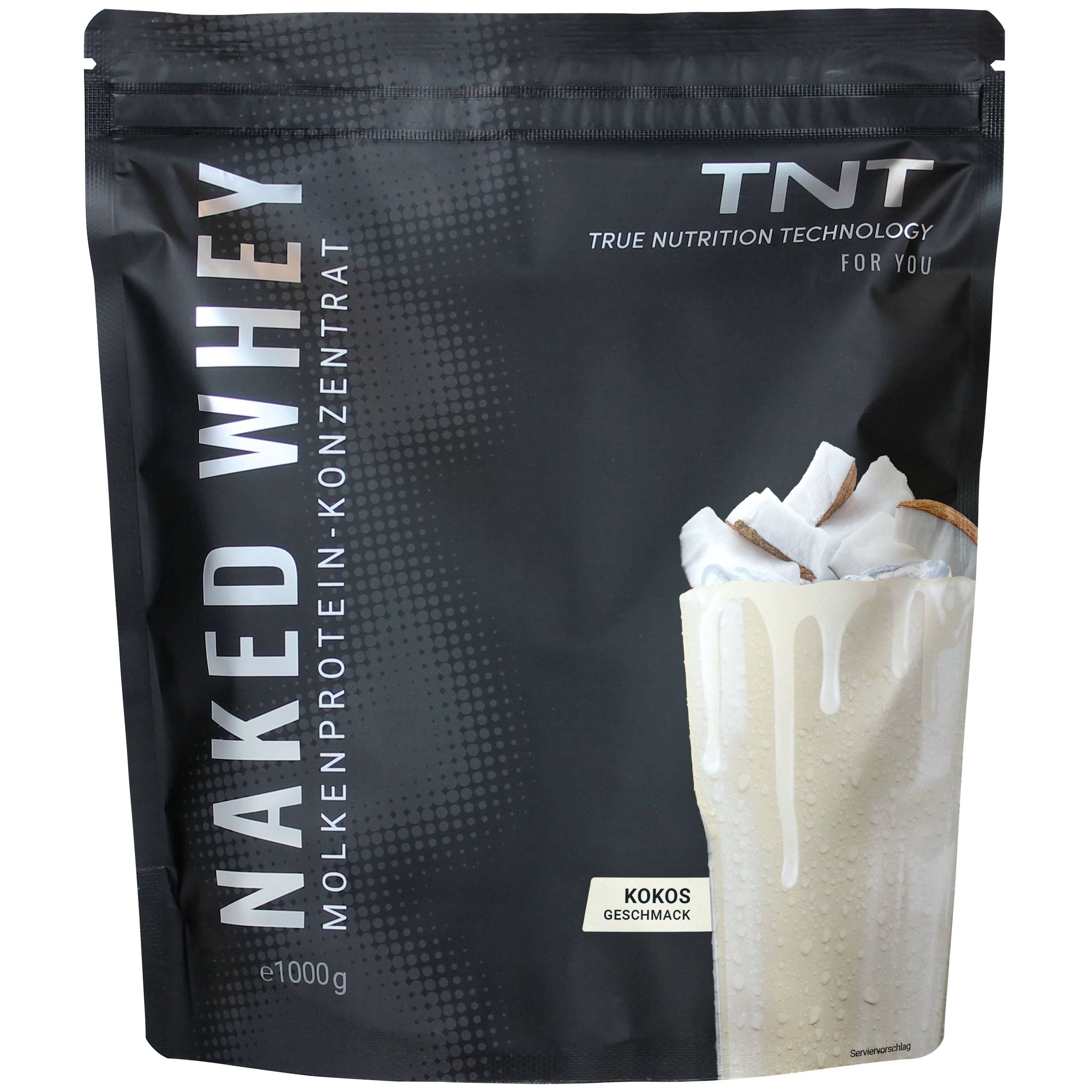 Schwarze Verpackung mit TNT Naked Whey. Kokos-Geschmack. Aufgedruckter Text: Molkenproteinkonzentrat, e1000g.