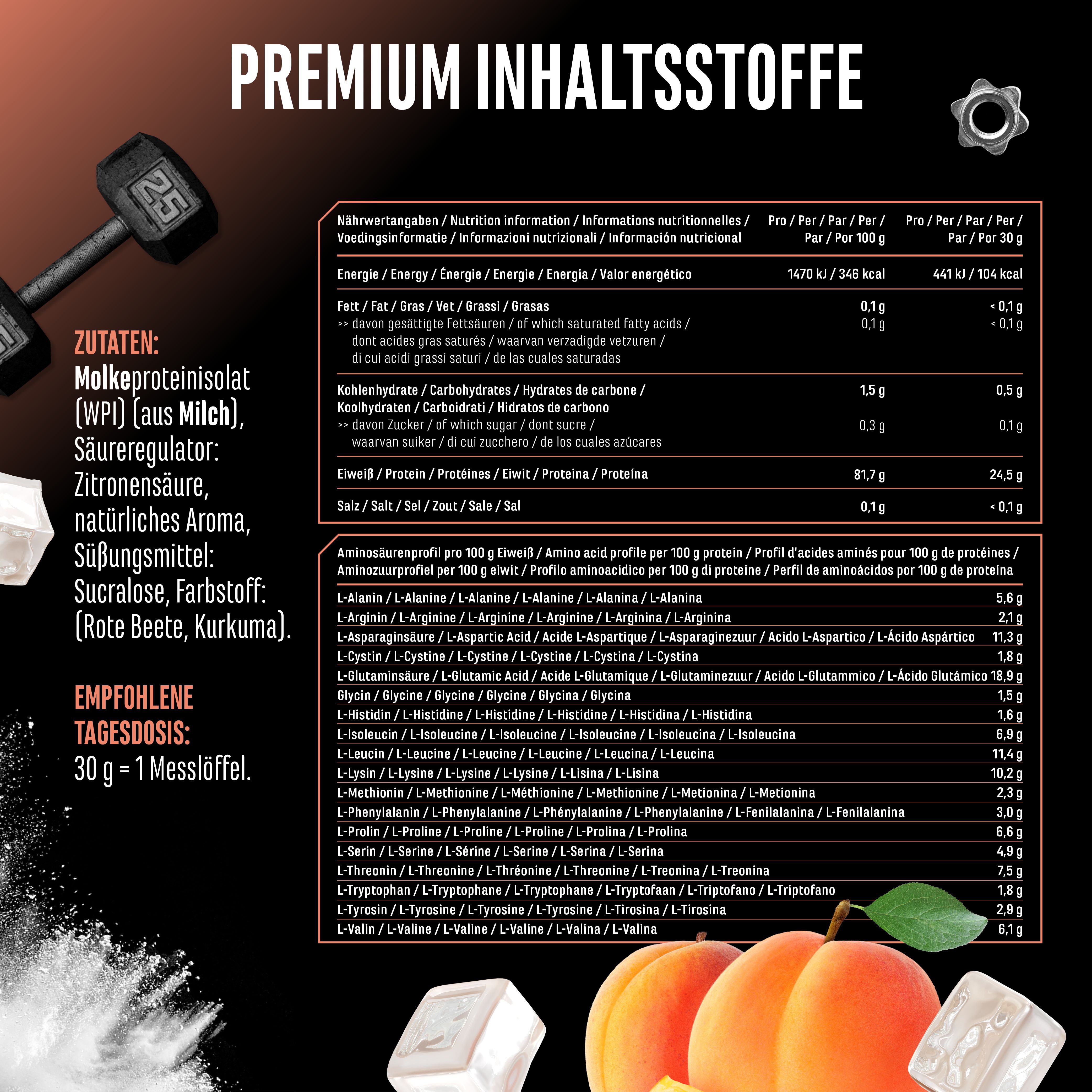 Infografik mit Nährwertangaben für Clear Whey Protein. Zutaten: Molkenproteinisolat, Säuerungsmittel, Aromen, Süßungsmittel, Farbstoff. Empfohlene Tagesdosis: 30 g.