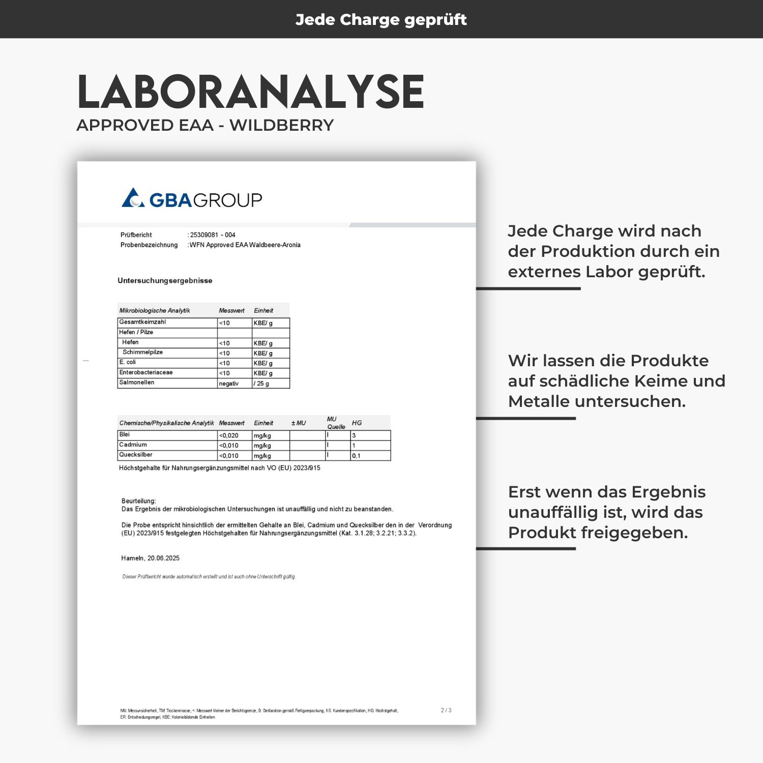 Laboranalyse-Dokument für EAA Wildberry. Enthält Testergebnisse und Zertifizierungen. Text beschreibt den Prozess.