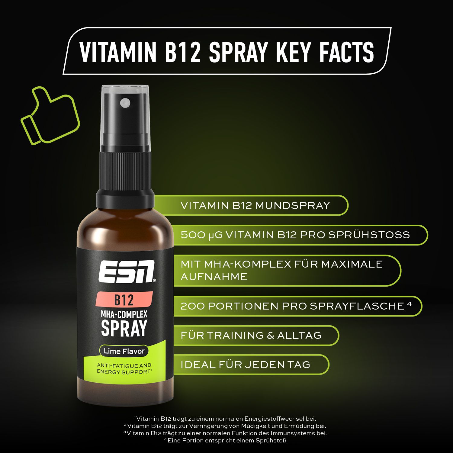 Braune Flasche mit schwarzem Sprühkopf. Etikett mit "ESN B12 MHA-COMPLEX SPRAY". Informationen zur Anwendung.