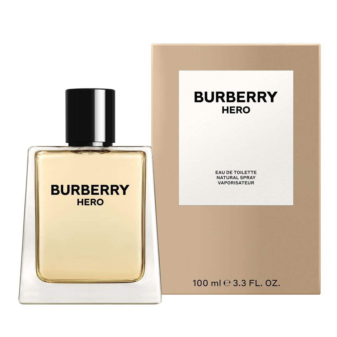 Burberry Hero E.d.T. Nat. Spray und Verpackung. Flakon und Karton. Aufschrift: BURBERRY HERO. Text: Eau de Toilette, Natural Spray, Vaporisateur.