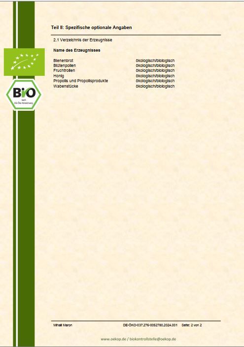 Zertifikat mit Bio-Siegel und Text. Auflistung der zertifizierten Produkte: Honig, Propolis etc.