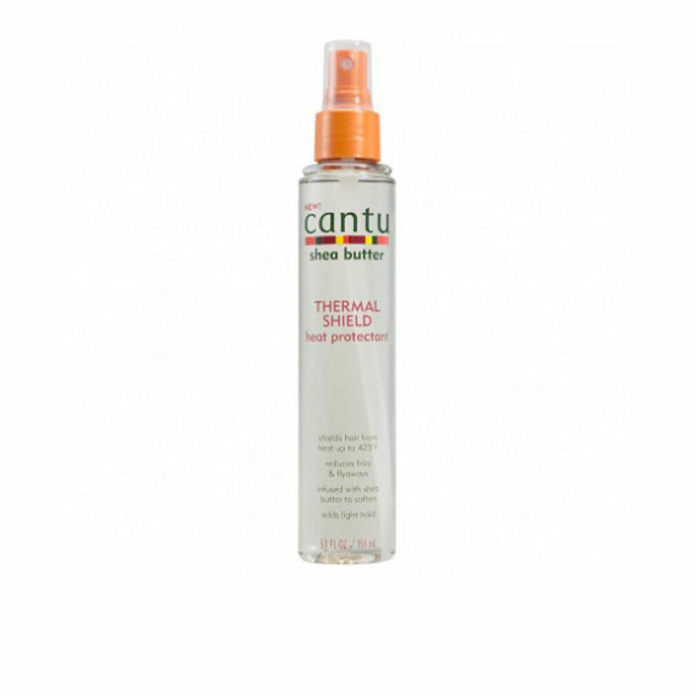 Cantu Thermal Shield Sprayflasche. Aufschrift: "Thermal Shield Heat Protectant". Orangefarbener Sprühkopf. Transparente Flüssigkeit.