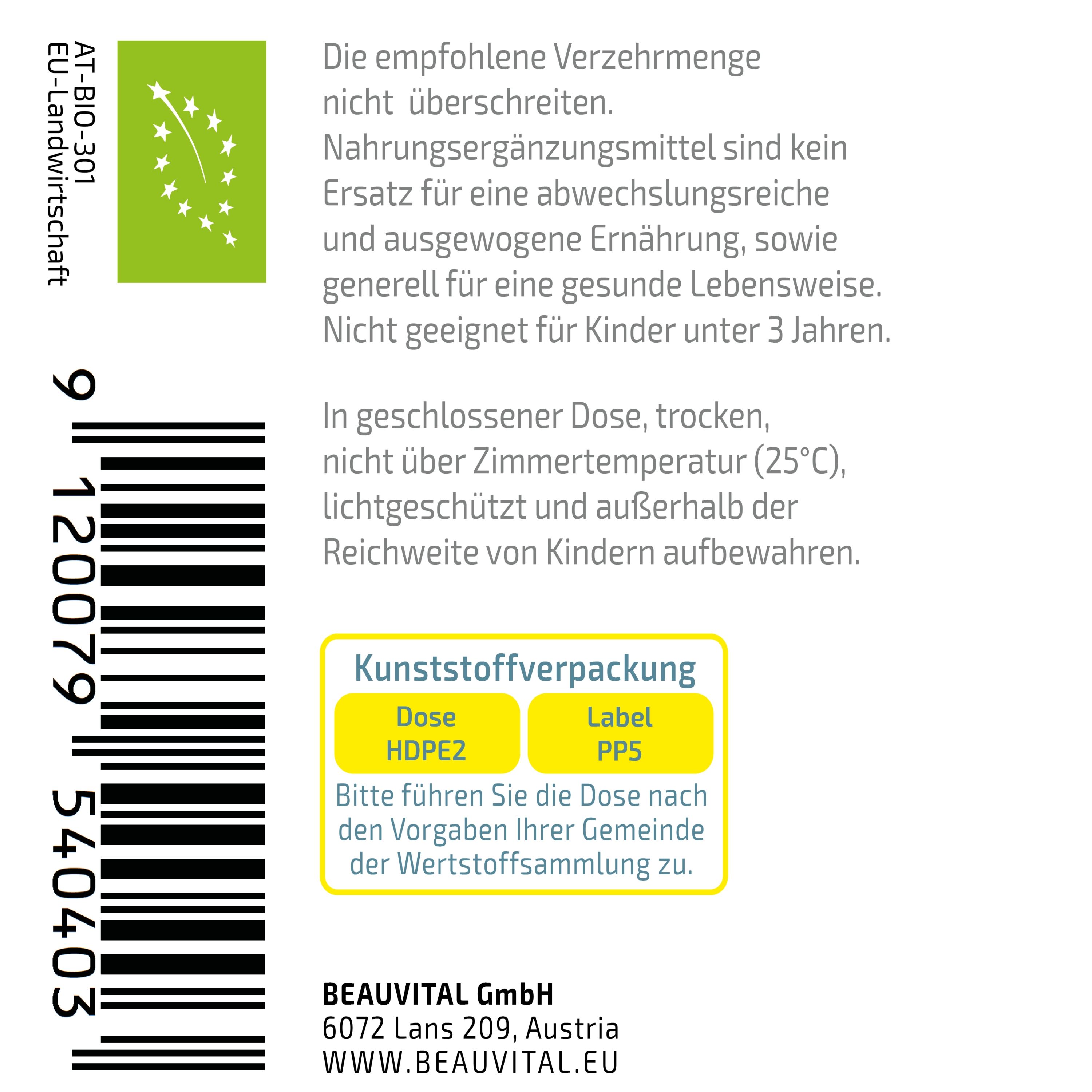 Rückseite eines BEAUVITAL Pure Bio Blend Powerimmune Behälters mit Bio-Siegel und Barcode.