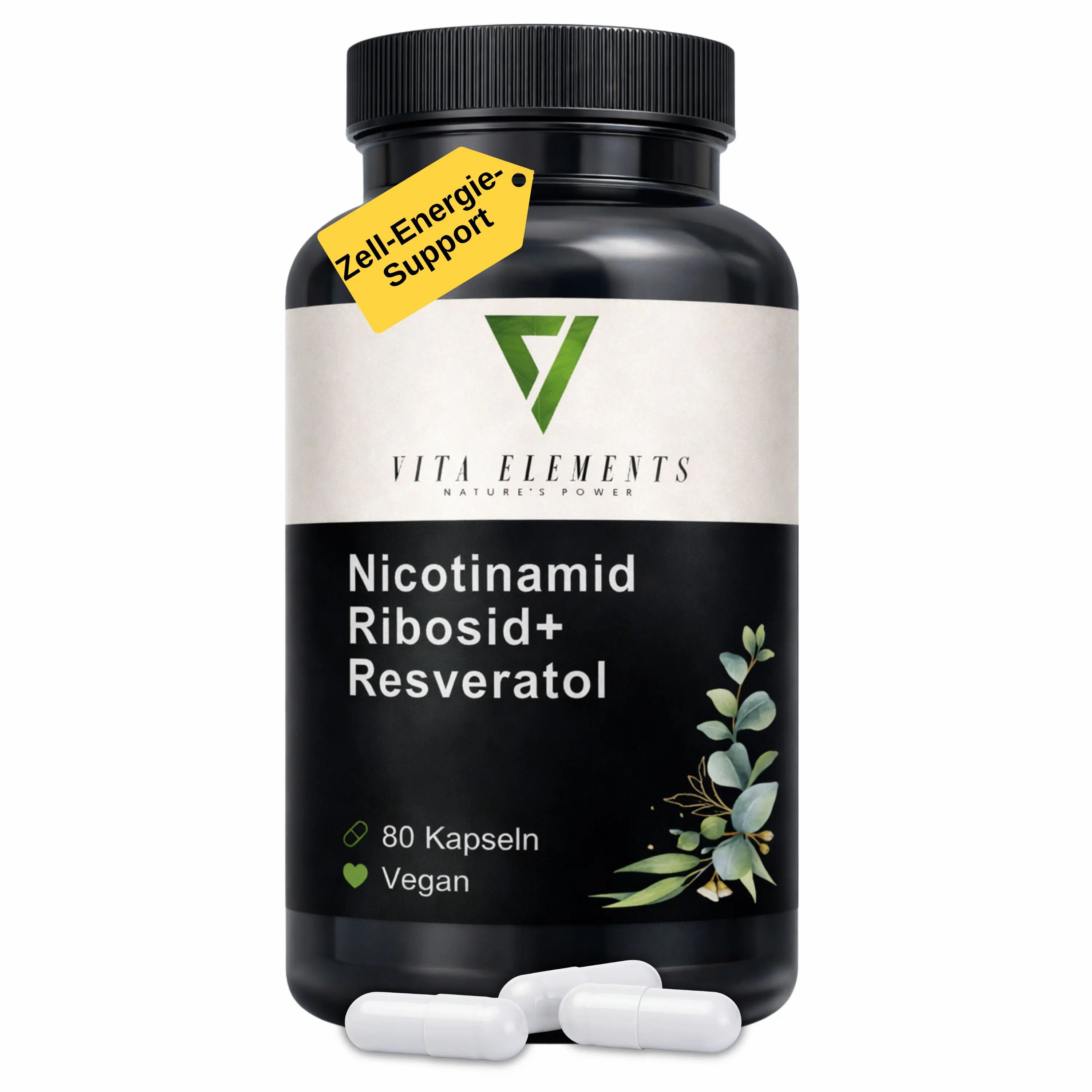 Schwarze Dose mit Vita Elements Nicotinamid Ribosid+ Resveratrol Kapseln, 80 Stück, vegan.