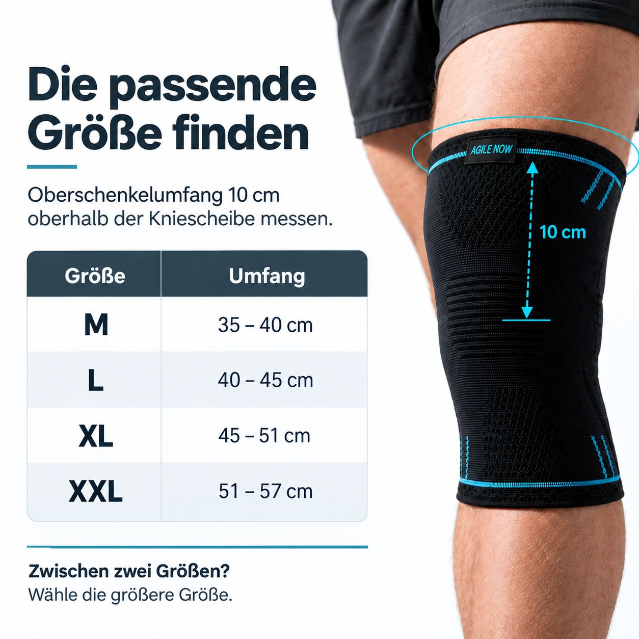Größentabelle für Kniebandagen: Oberschenkelumfang 10 cm über dem Knie messen.