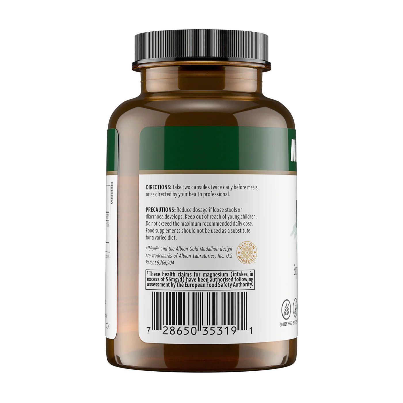 Rückseite der NutraMedix Magnesium Malate Flasche mit Dosierungsanleitung und Warnhinweisen. 120 Kapseln.