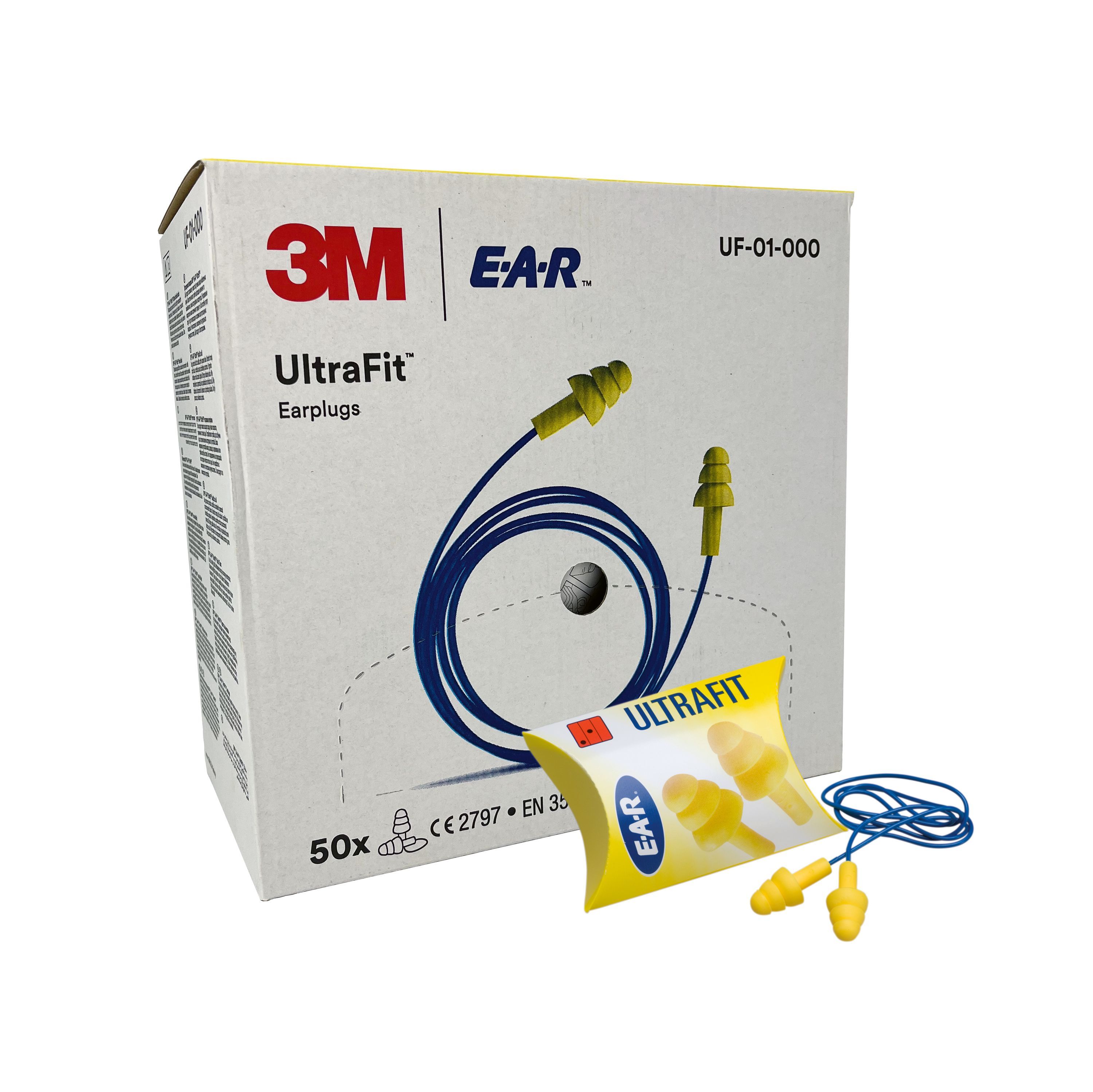 Gehörschutzstöpsel mit Kordel und Verpackung. Gelbe Stöpsel, blaue Kordel. 3M E-A-R UltraFit. Aufdrucke: 50x, CE-Zeichen, EN 352-2:2020.