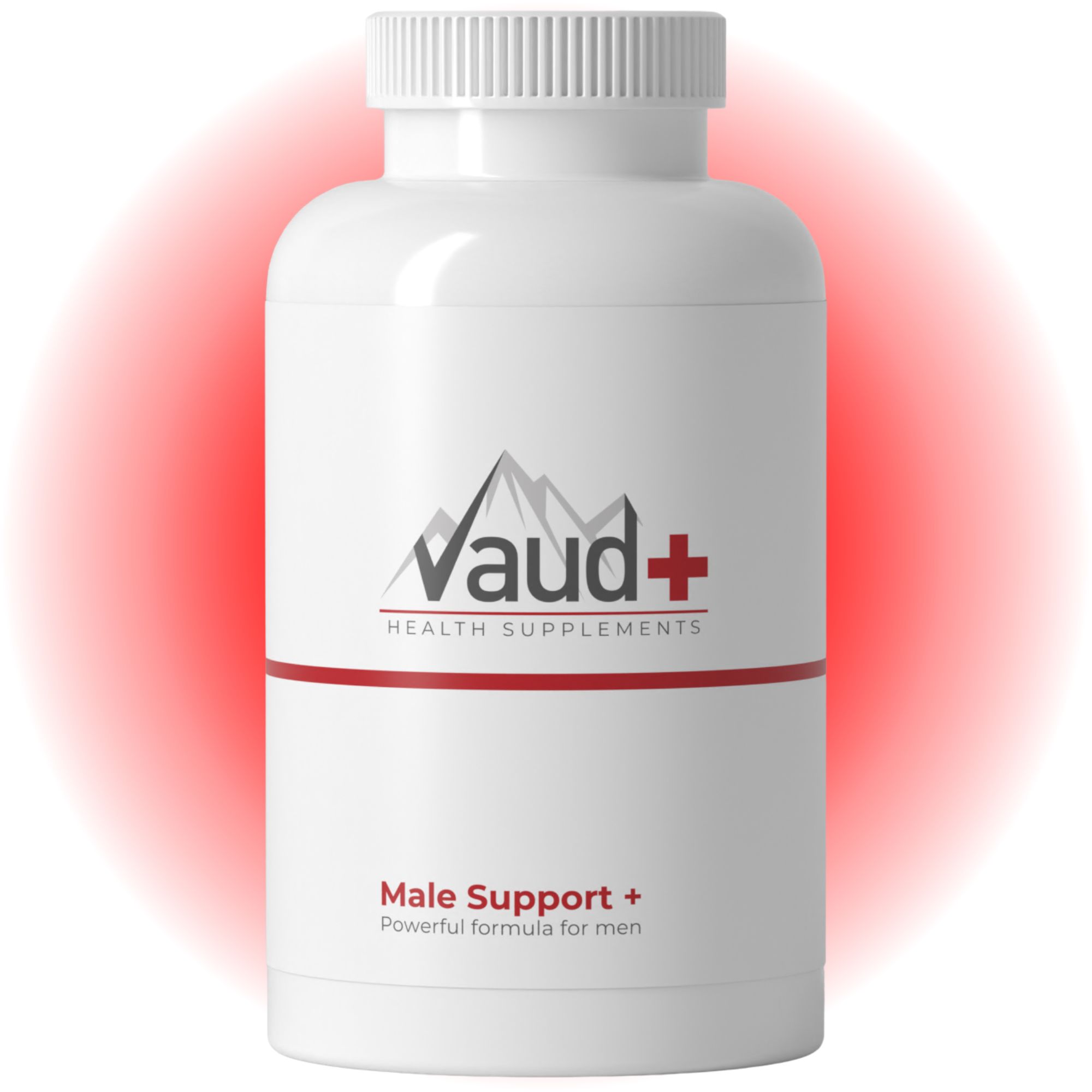 Weiße Flasche mit Kapseln. Aufschrift: Vaud+ Health Supplements, Male Support+. Roter Hintergrund.