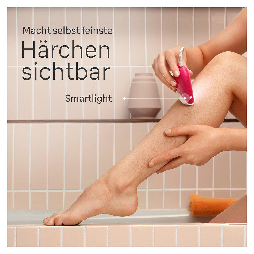 Frau benutzt Braun Silk-epil 3 am Bein. Integriertes Licht beleuchtet die Haut.