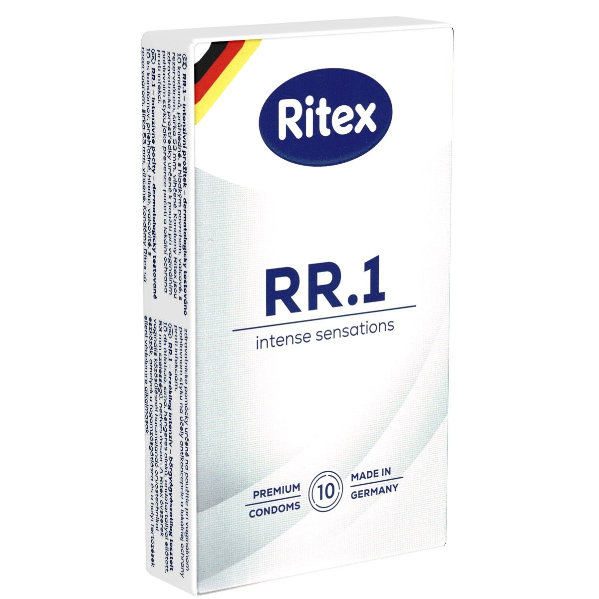 Verpackung mit Kondomen. Aufschrift: Ritex RR.1, intense sensations. Enthält 10 Kondome. Hergestellt in Deutschland.