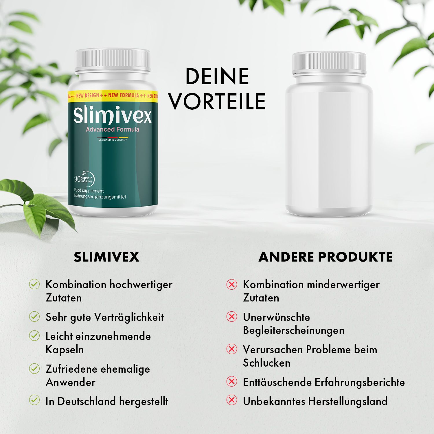 Slimivex Flasche und leere Flasche. Text: "Deine Vorteile" und "Andere Produkte". Auflistung von Vor- und Nachteilen.