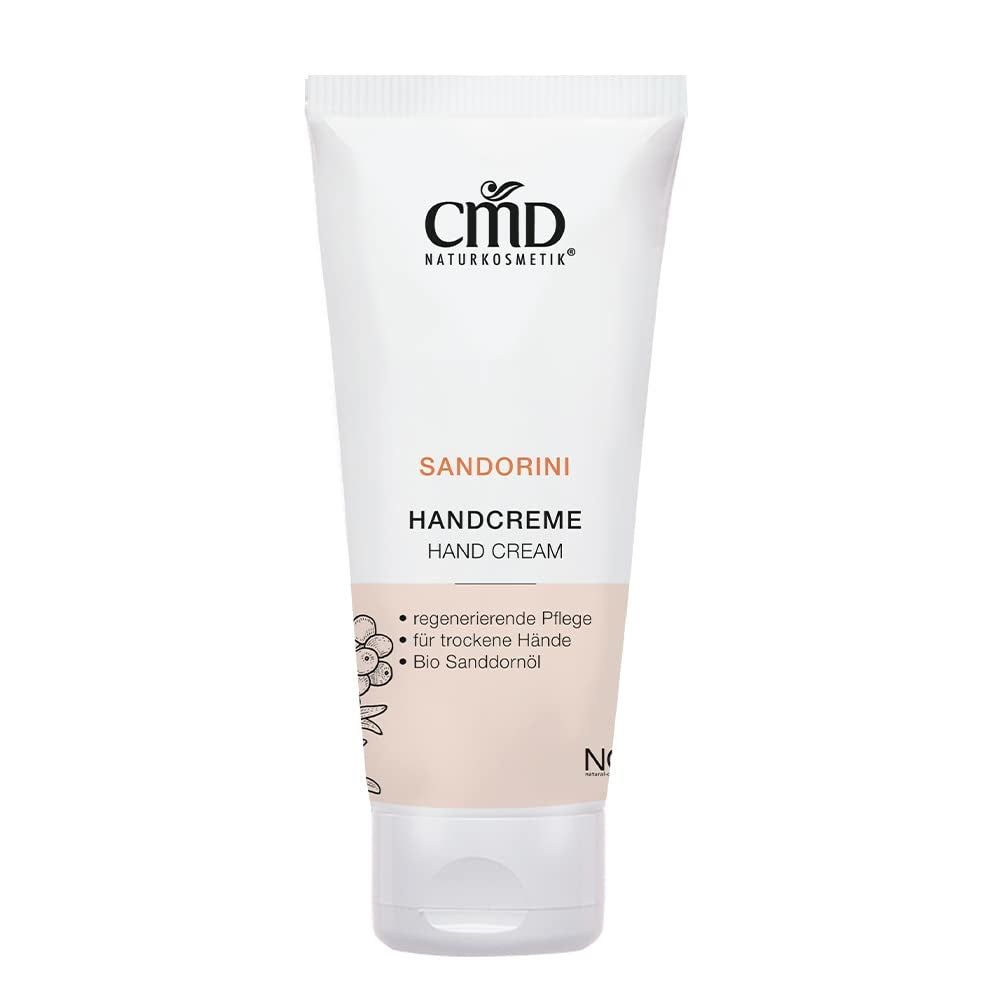 Weiße Tube mit CMD Naturkosmetik Sandorini Handcreme. Text: Handcreme, regenerierende Pflege, für trockene Hände.