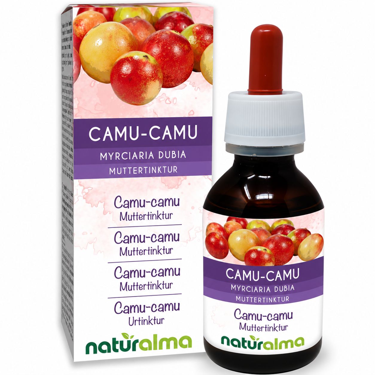 Camu Camu Urtinktur Tropfflasche mit Pipette.