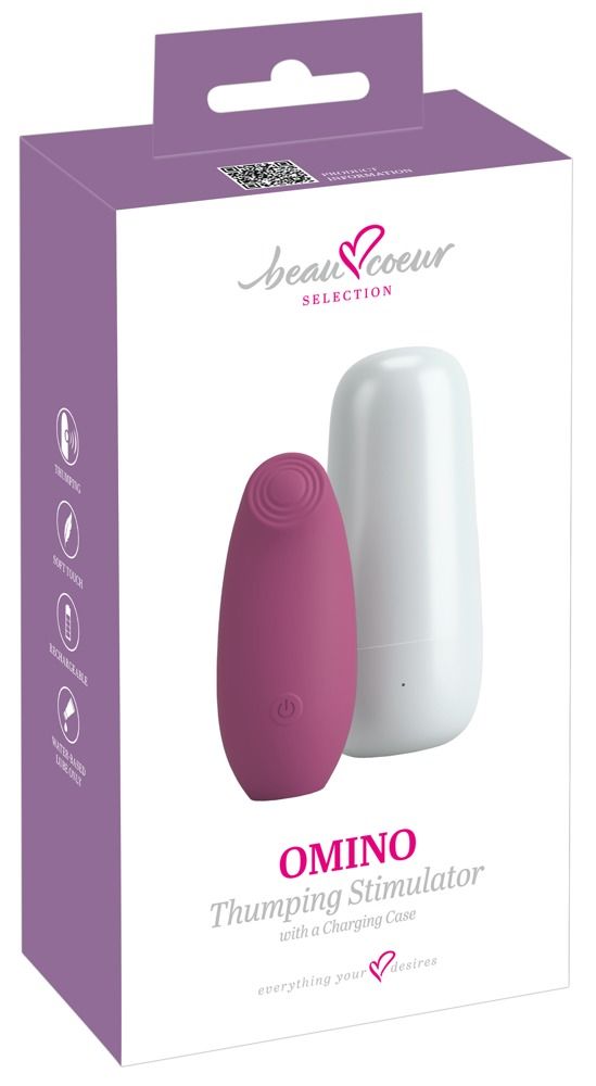 Verpackung mit rosa Stimulator und weißem Ladecase. Text: OMINO Thumping Stimulator with a Charging Case.