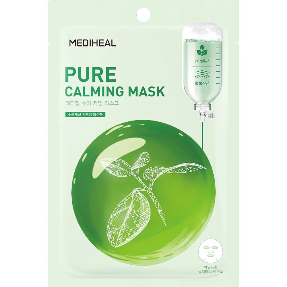 Grüne Gesichtsmaske mit Aufschrift: MEDIHEAL Pure Calming Mask. Abbildung einer grünen Kugel mit Blättern. Verpackung mit Aufhängevorrichtung.