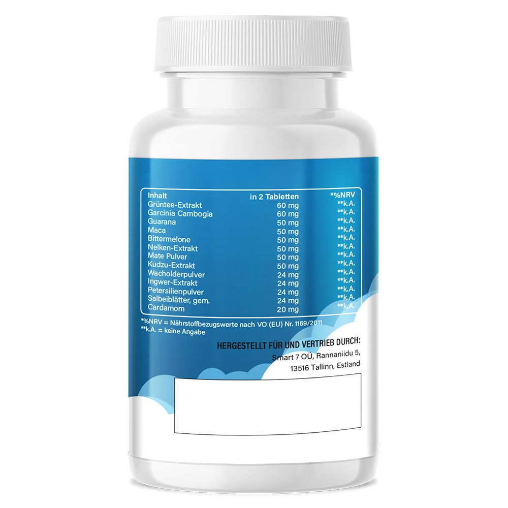 Rückseite der Flasche mit Inhaltsstofftabelle. Inhaltsstoffe pro 2 Tabletten, Nährwertangaben. Hergestellt und vertrieben von Smart 7 OU.