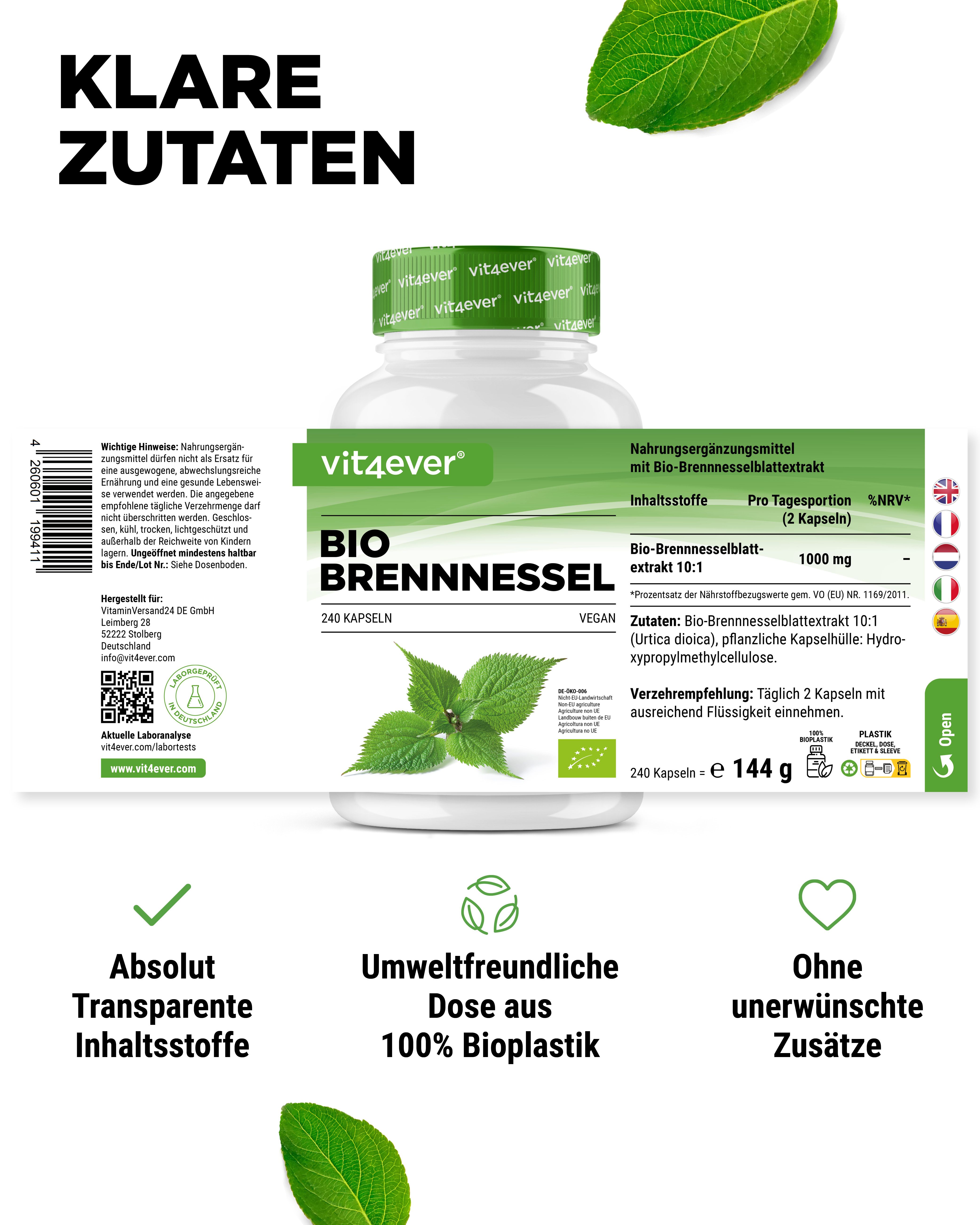 Produktverpackung mit Informationen. Aufschrift: vit4ever, BIO BRENNNESSEL, 240 Kapseln. Logos: vegan, Bio-Siegel. Text: Klare Zutaten.
