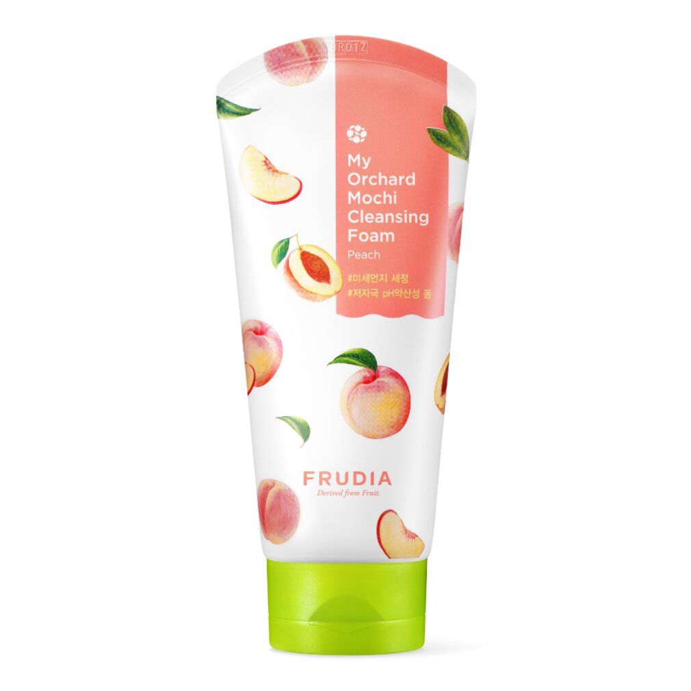 Weiß-rosa Tube mit Pfirsich-Illustrationen. Text: My Orchard Mochi Cleansing Foam, Frudia. Grüner Deckel.
