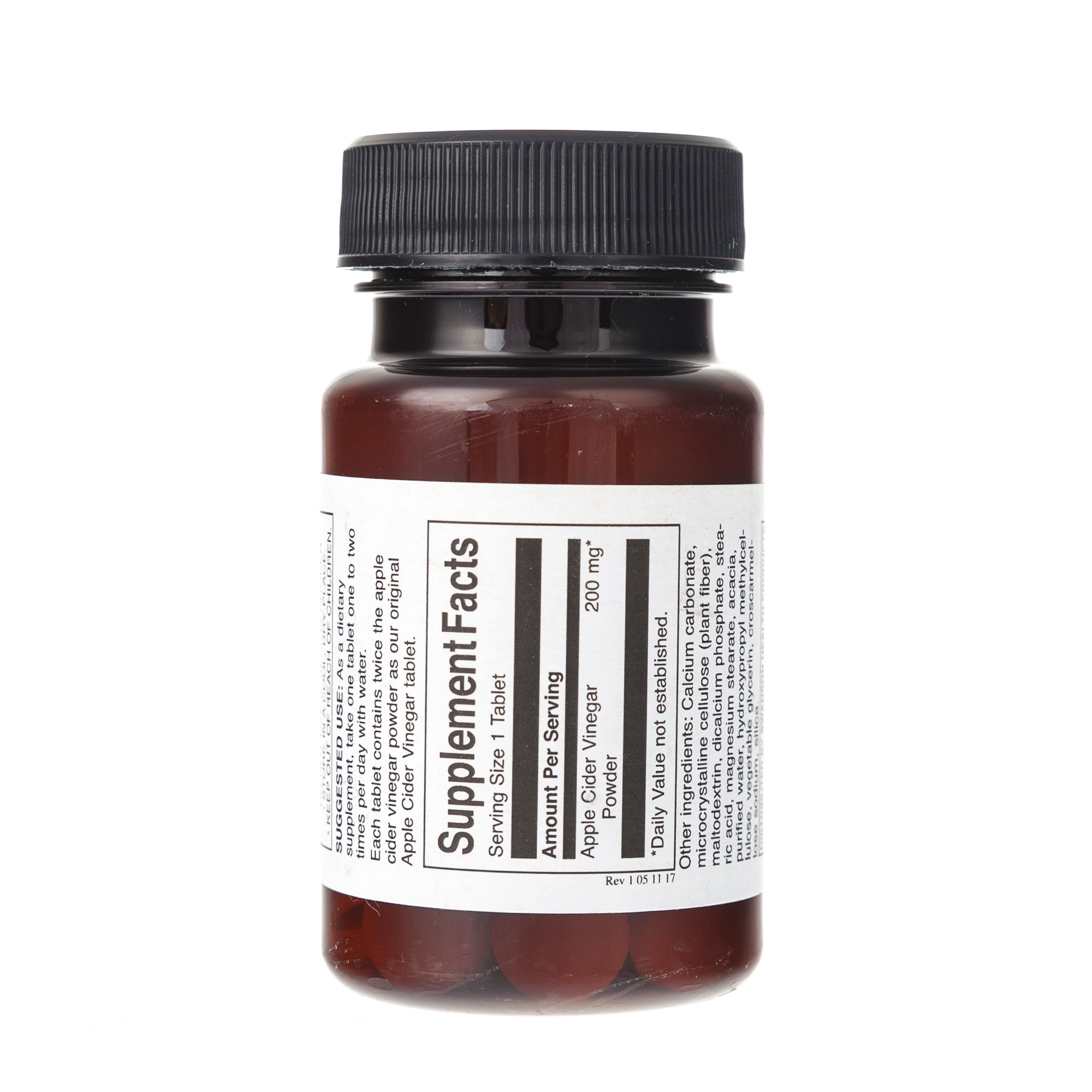 Braune Flasche mit Etikett 'Supplement Facts' für Apfelessig-Pulver, 200 mg pro Tablette.