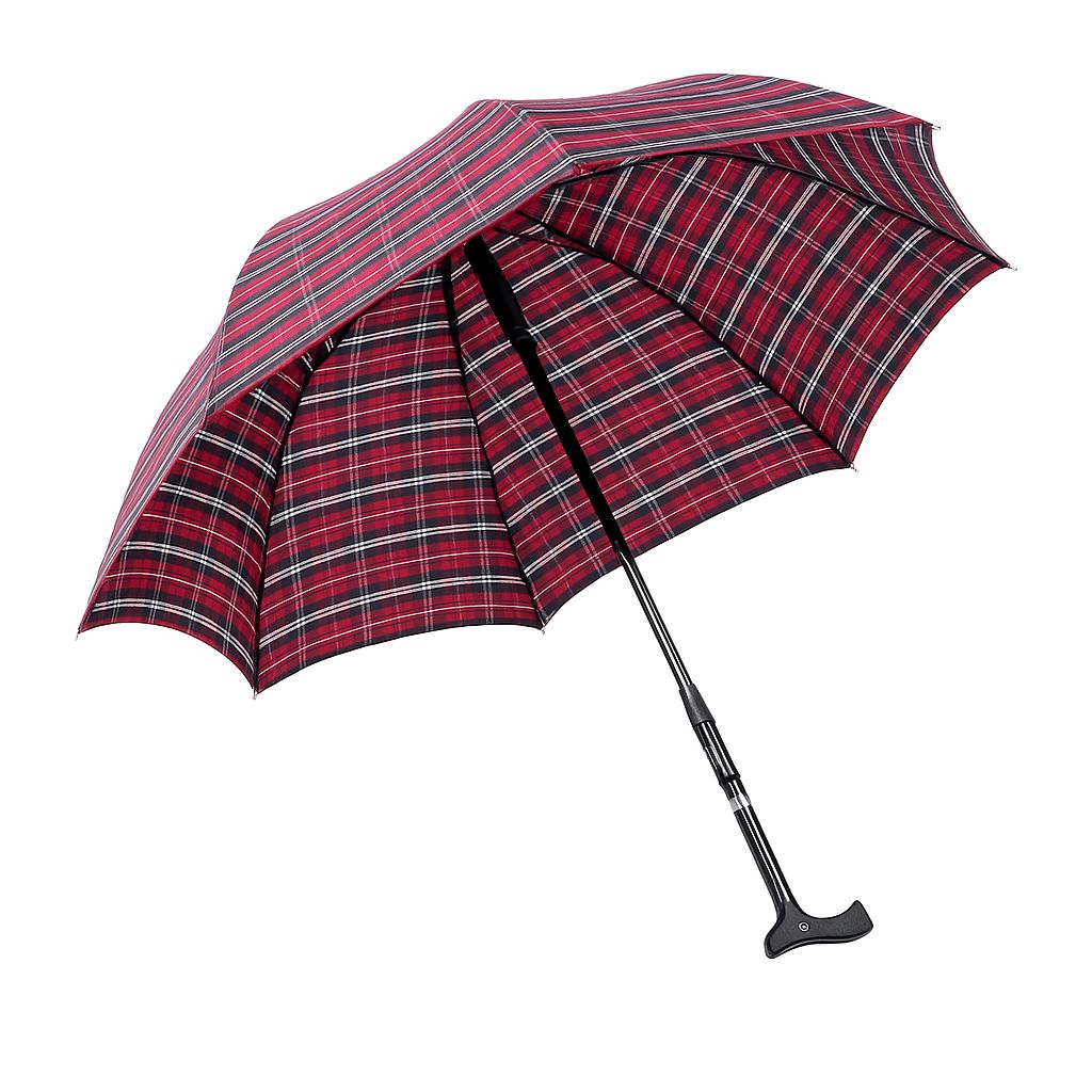 Geöffneter Regenschirm mit rot-schwarzem Karomuster. Schwarzer Griff mit Krückengriff. Schwarzer Schaft.