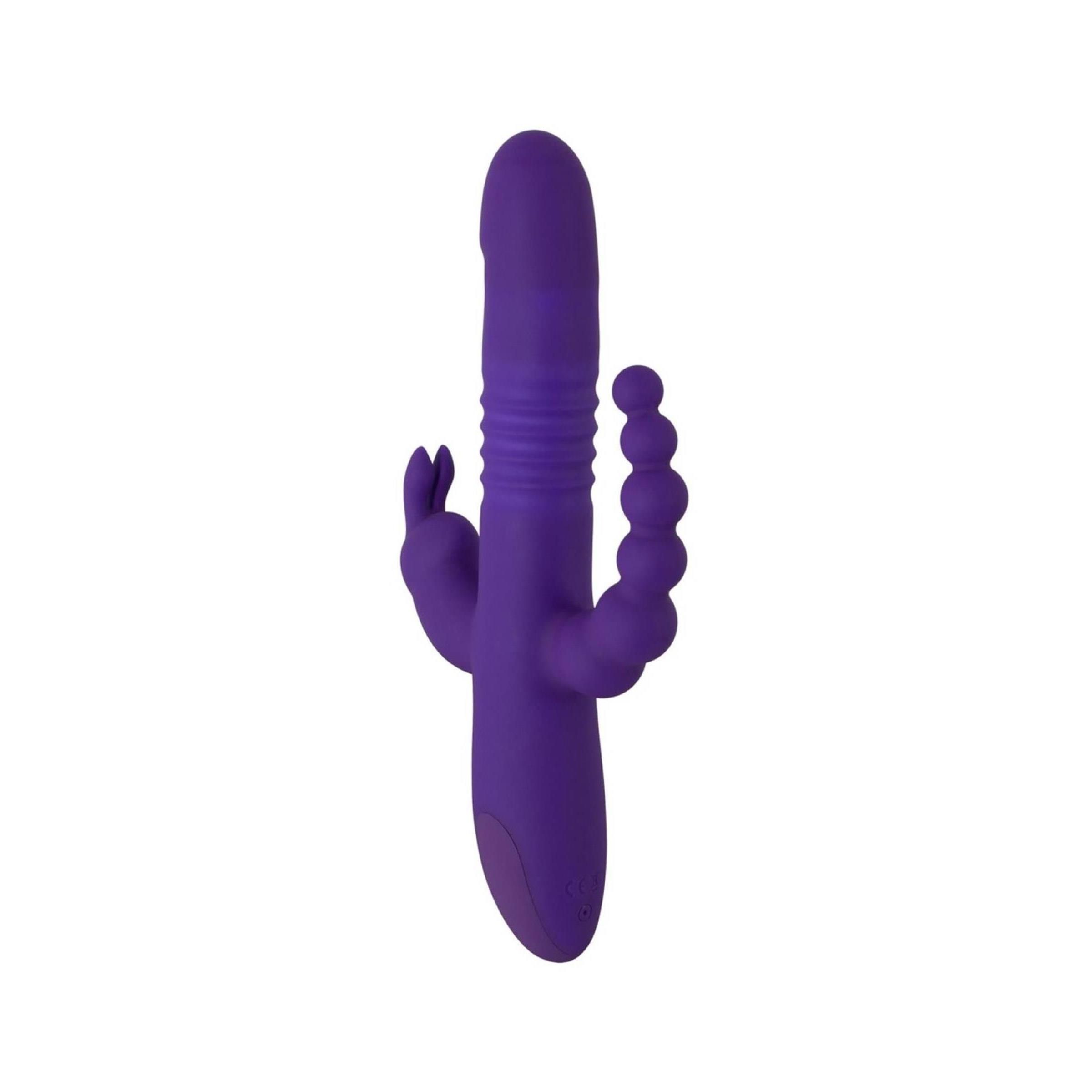 Lila Vibrator mit Kaninchenohren und Perlen. Mit Bedienknopf. Auf weißem Hintergrund.