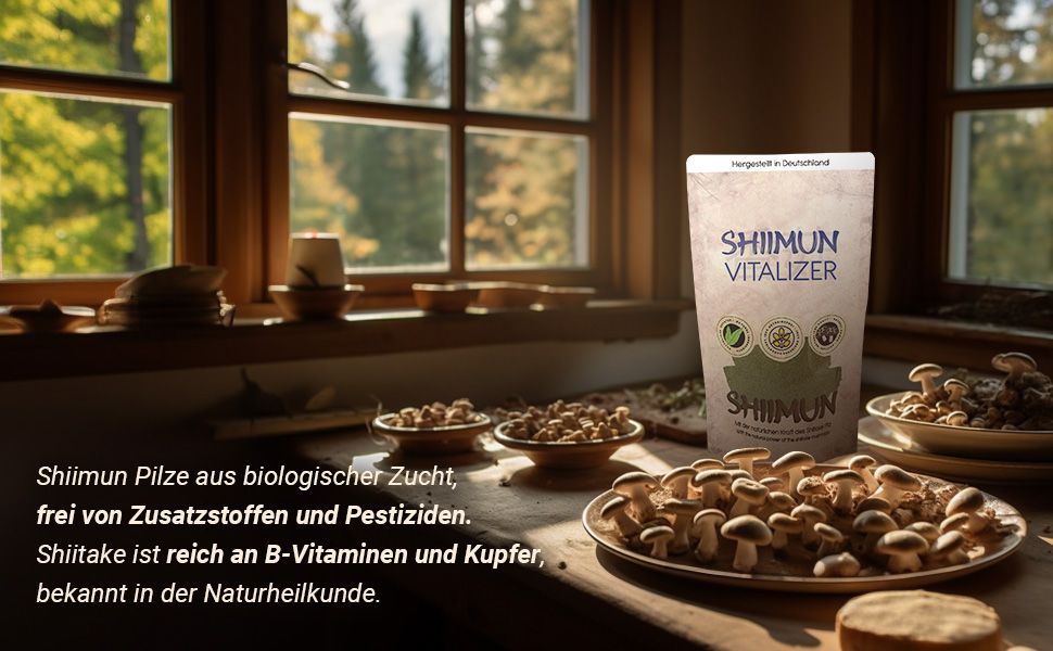 Shiimun Vitalizer-Beutel in Innenraum. Shiitake-Pilze auf Tellern. Text über Pilze.