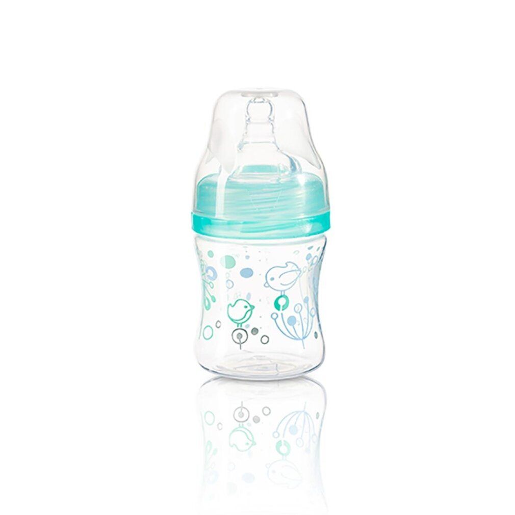 Babyflasche mit mintfarbenen Elementen und Vogelmuster. Transparenter Behälter mit Schnuller und Schraubverschluss.
