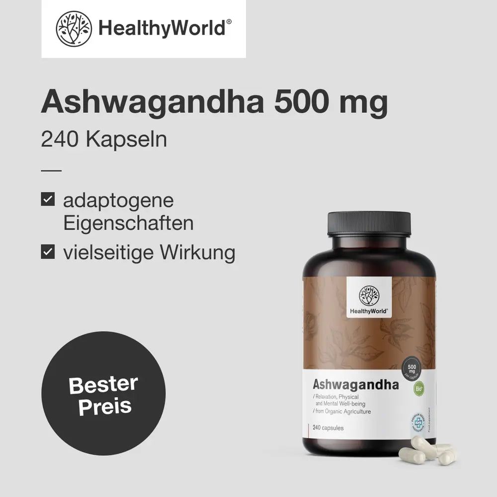 Produktflasche und Kapseln. Text: Ashwagandha 500 mg, 240 Kapseln. Adaptogene Eigenschaften, vielseitige Wirkung. Bester Preis.